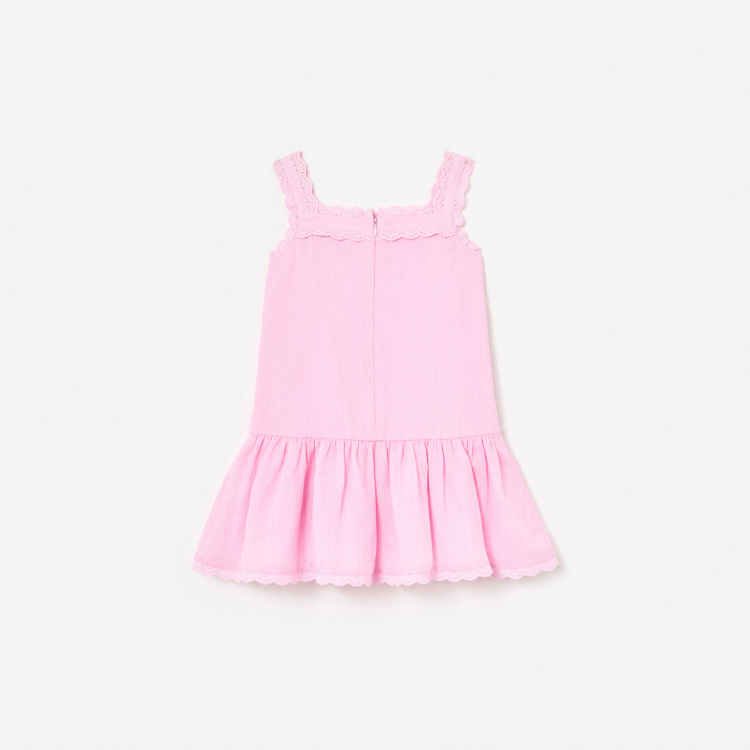 Pink Ramie Flower Embroidered Dress