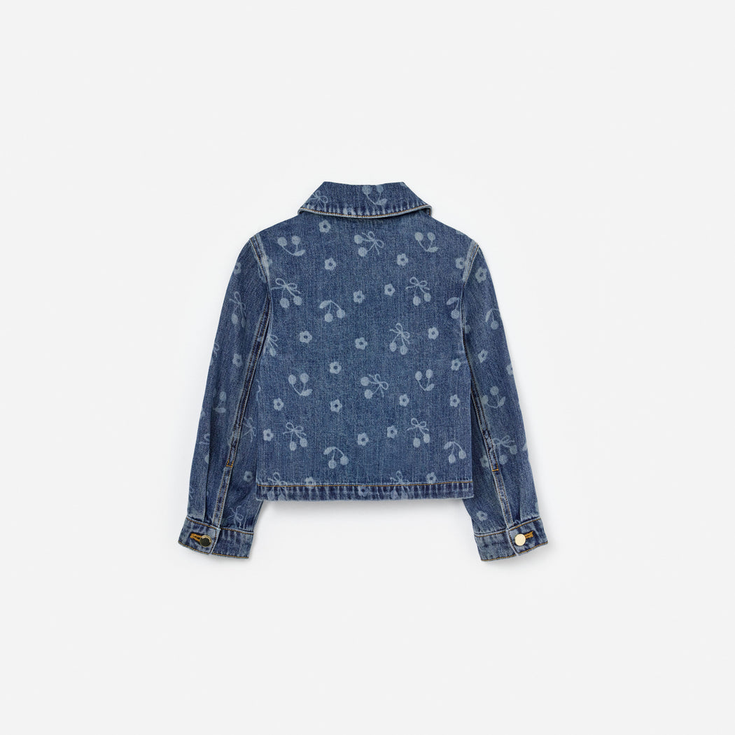 Denim Cherry Bow Printed Jacket