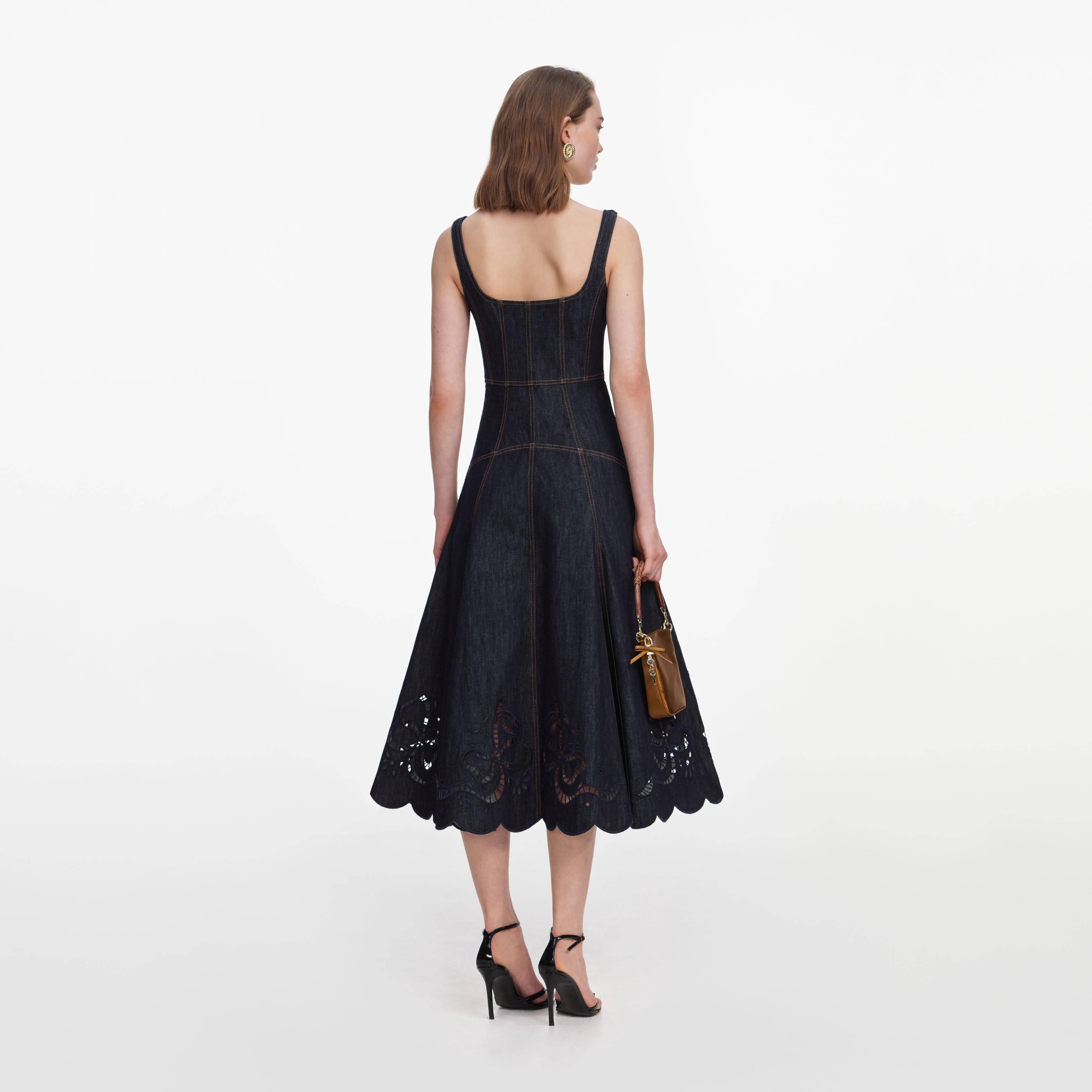 Indigo Denim Bow Embroidered Midi Dress