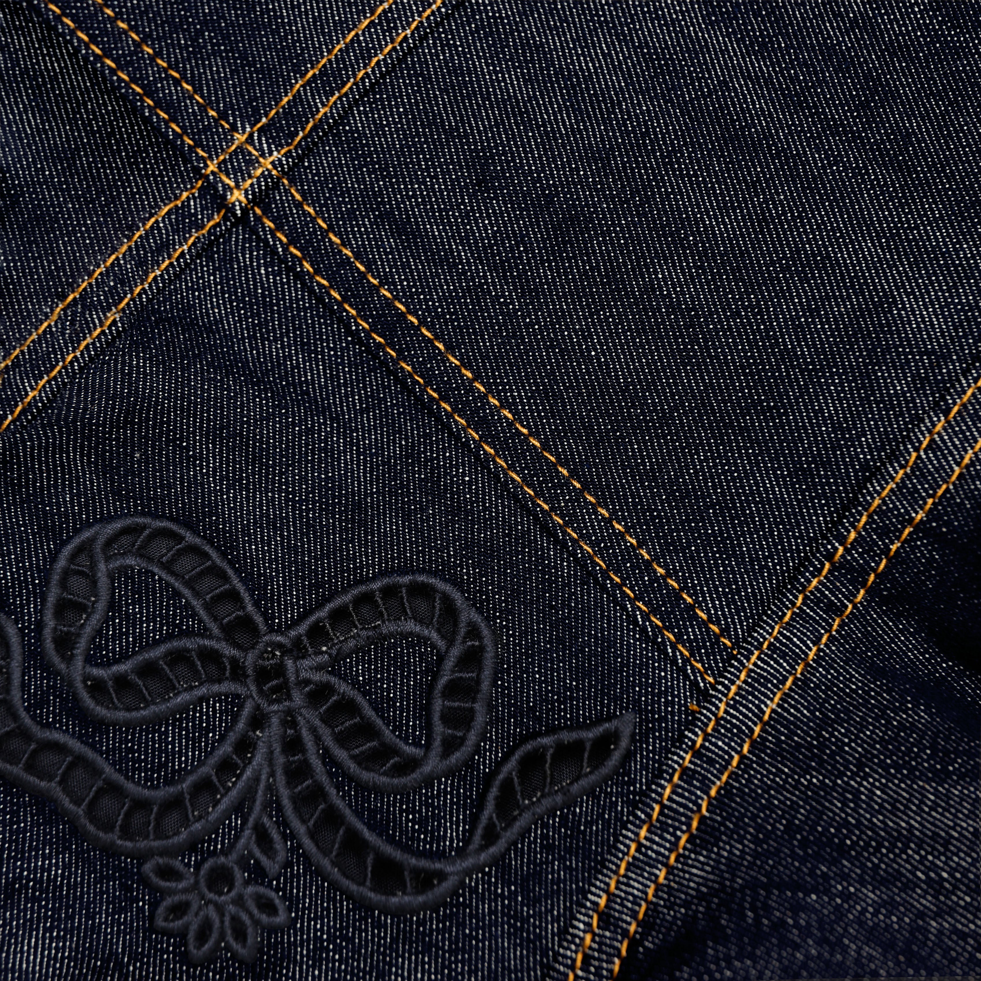 Indigo Denim Bow Embroidered Midi Dress