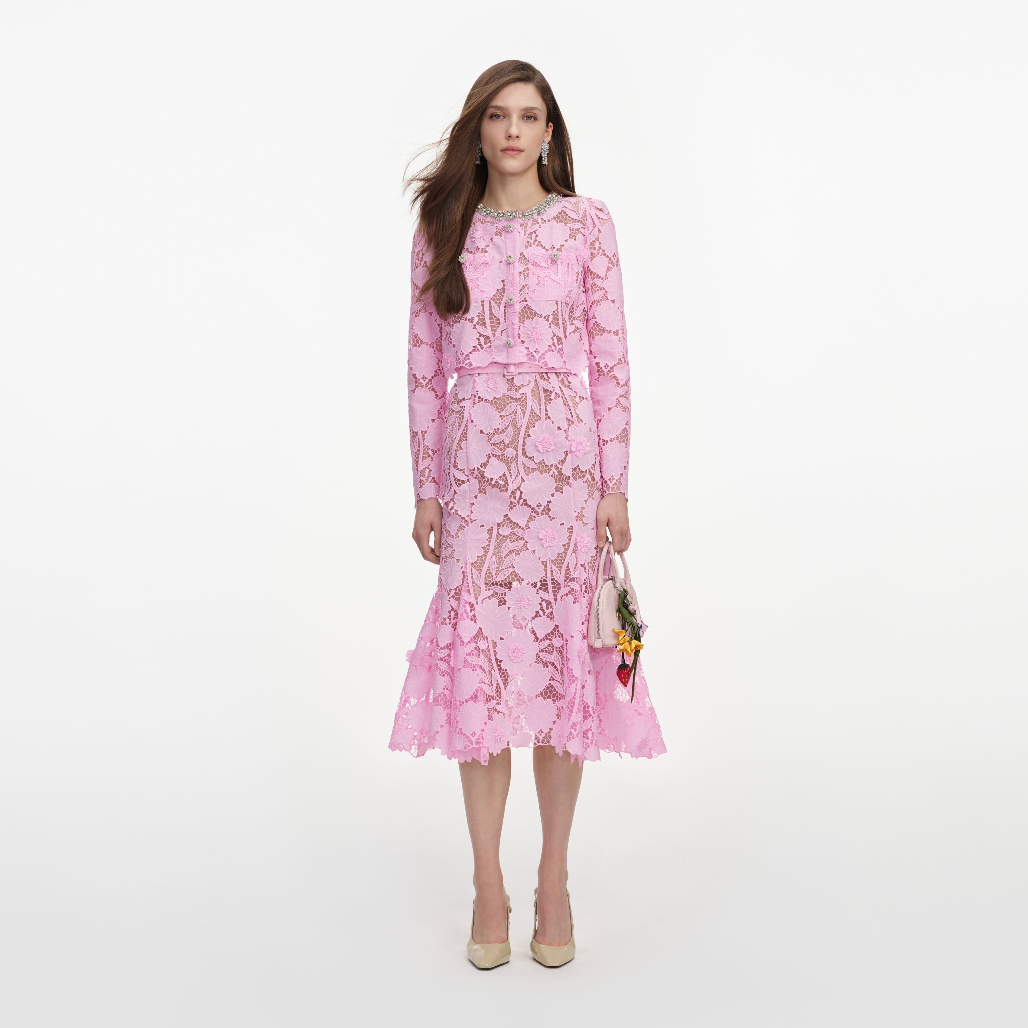 Pink Lace Crystal Embellished Midi Dress