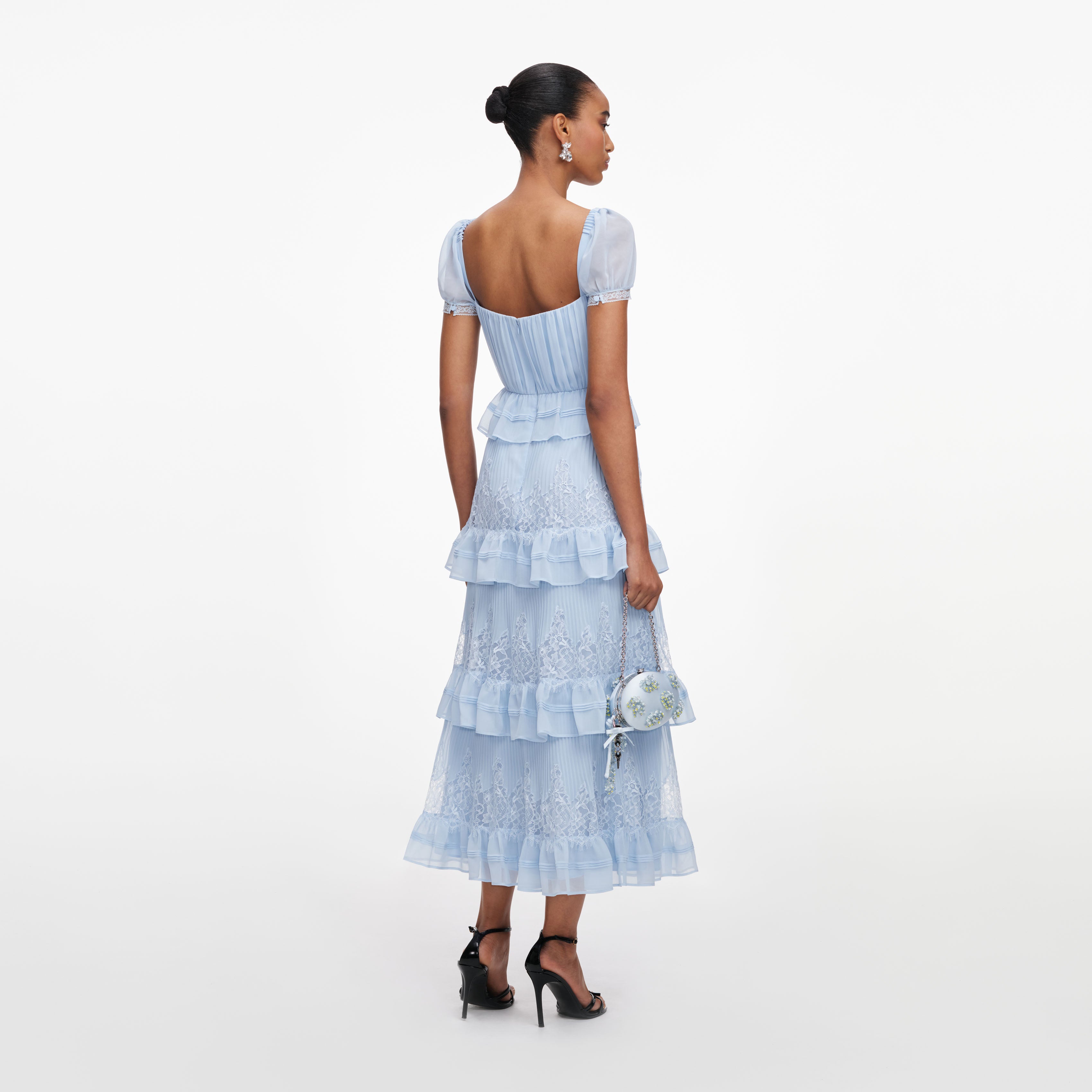 Blue Chiffon Short Sleeve Midi Dress