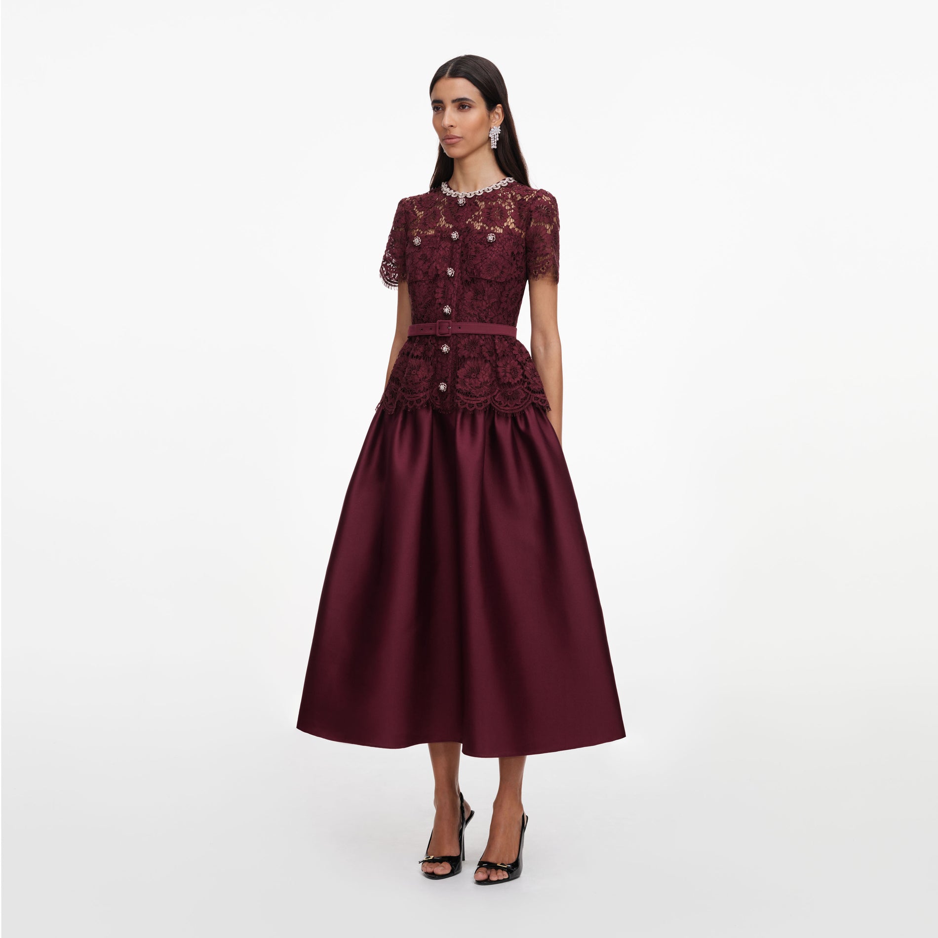 Side view of a woman wearing the Burgundy Lace Taffeta Midi Dress
