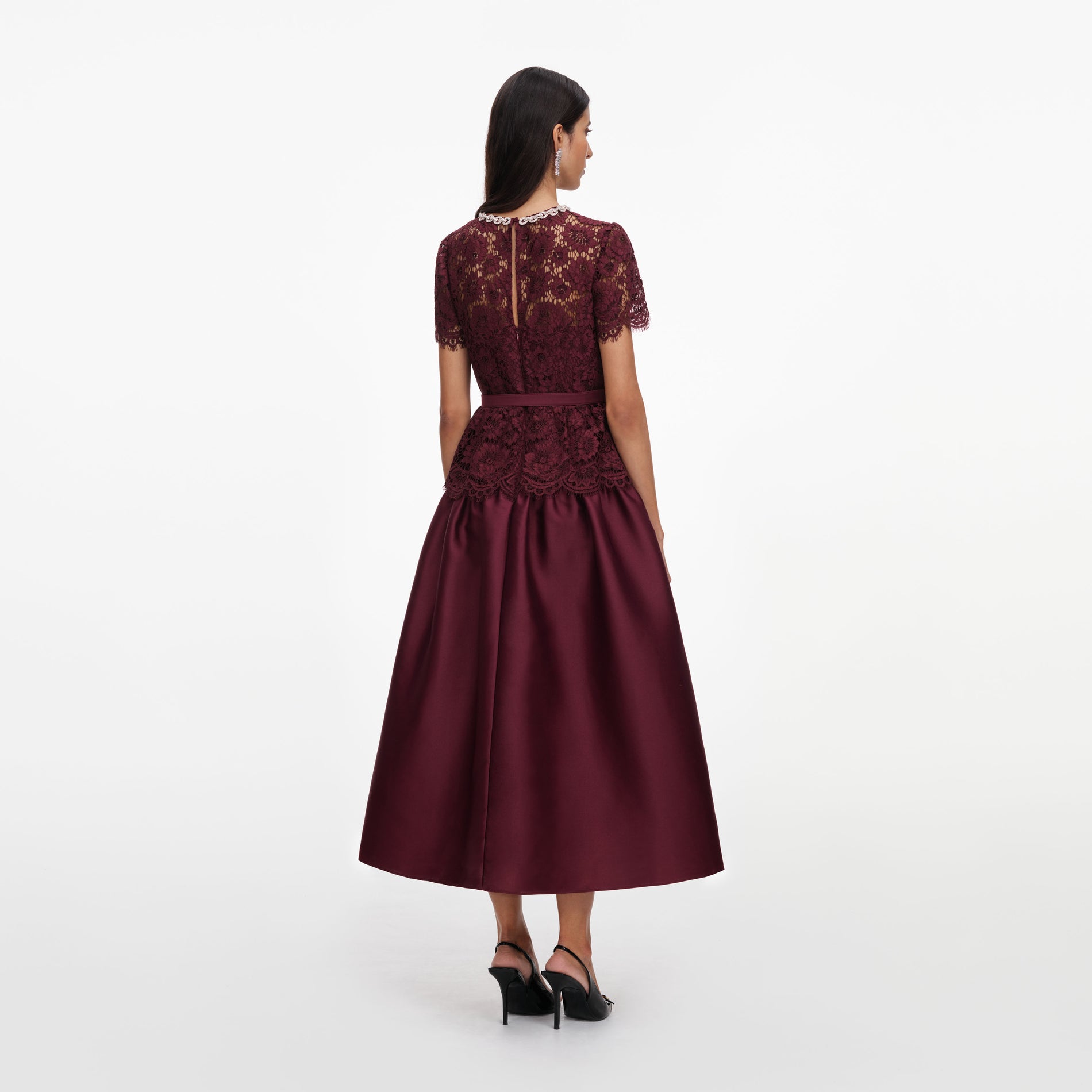 Back view of a woman wearing the Burgundy Lace Taffeta Midi Dress