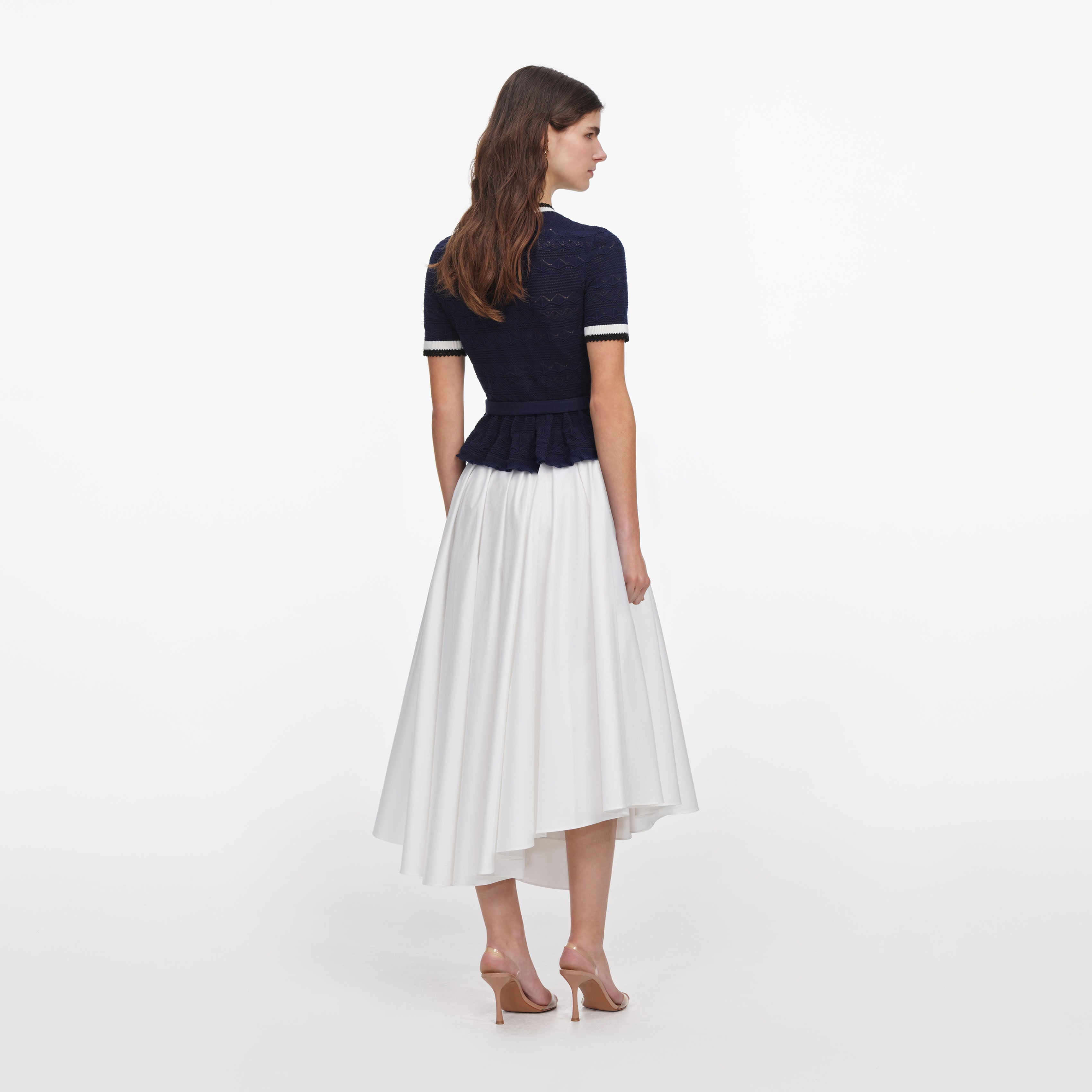 Navy Peplum Pointelle Knit Top
