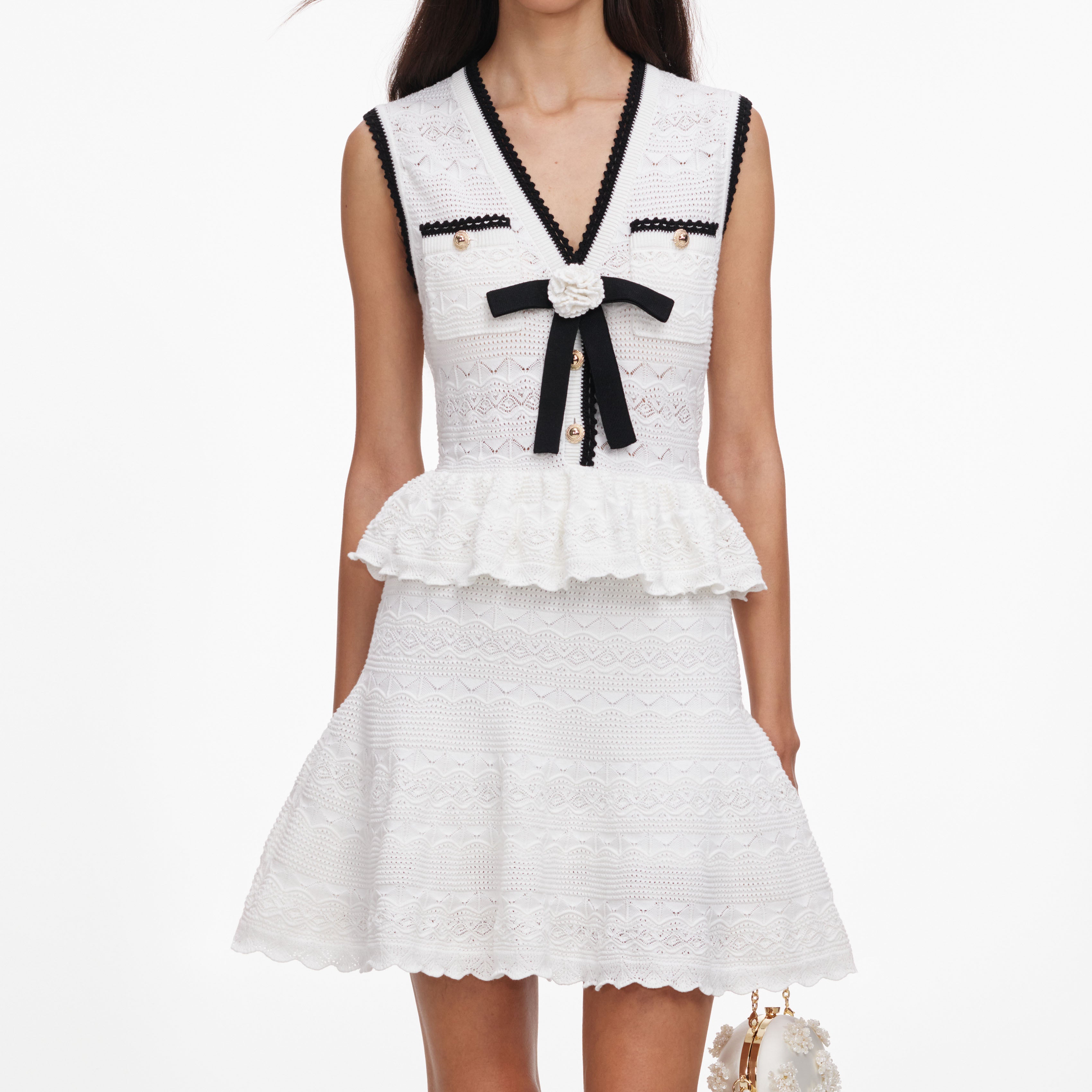 White Peplum Pointelle Knit Mini Dress