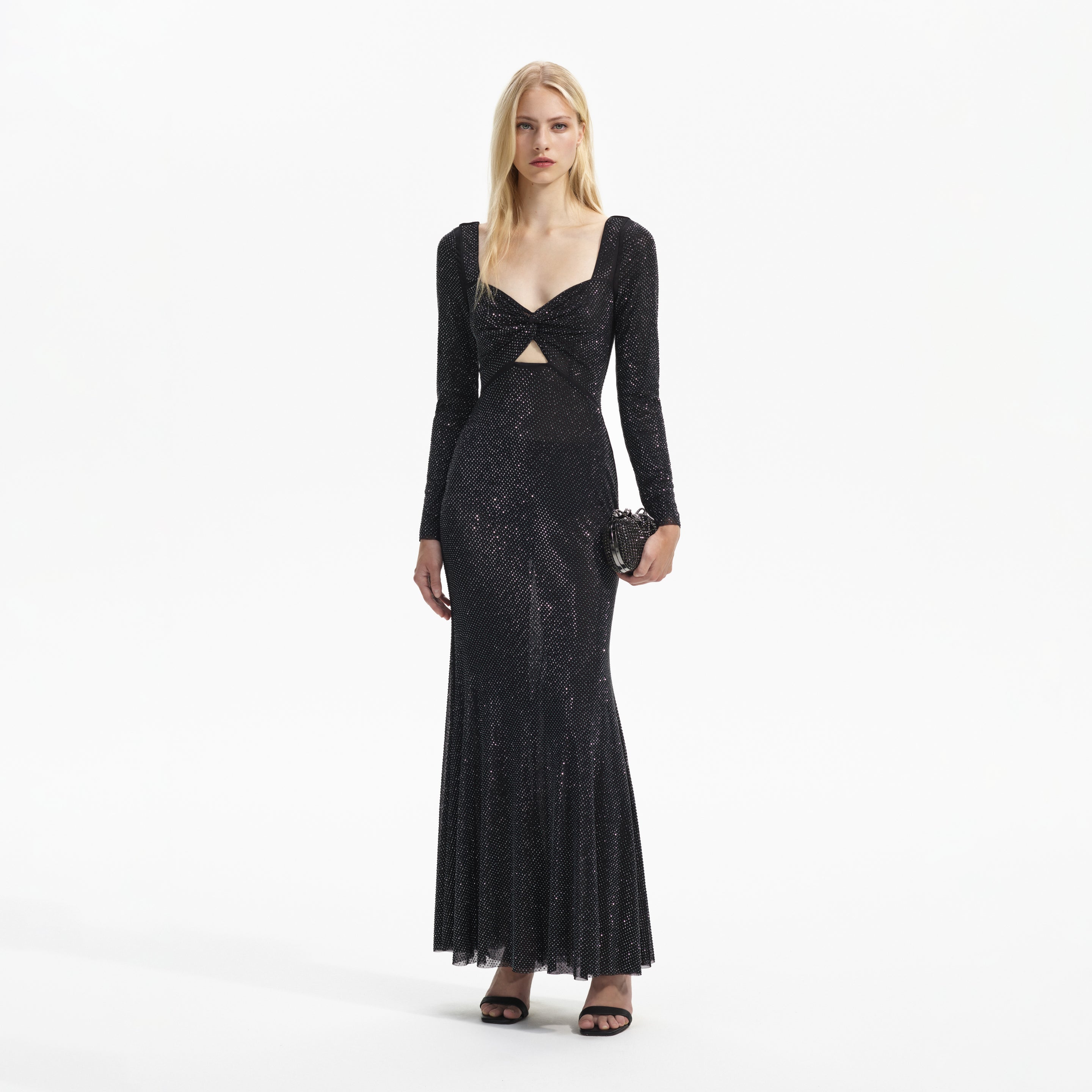 Katerina Midi Dress - Long Sleeve Split Diamante Mesh Dress in Black