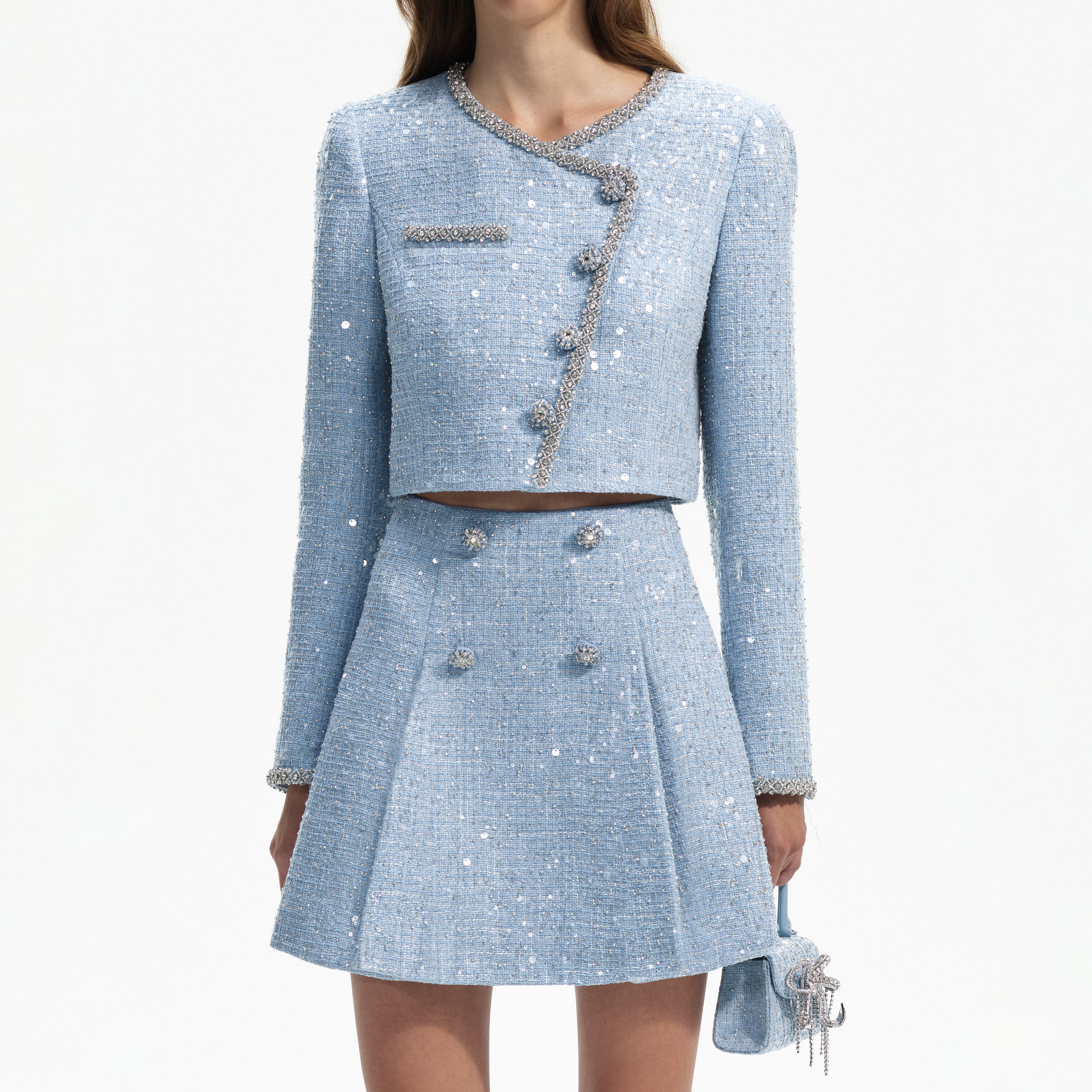 Blue Sequin Boucle Cropped Jacket