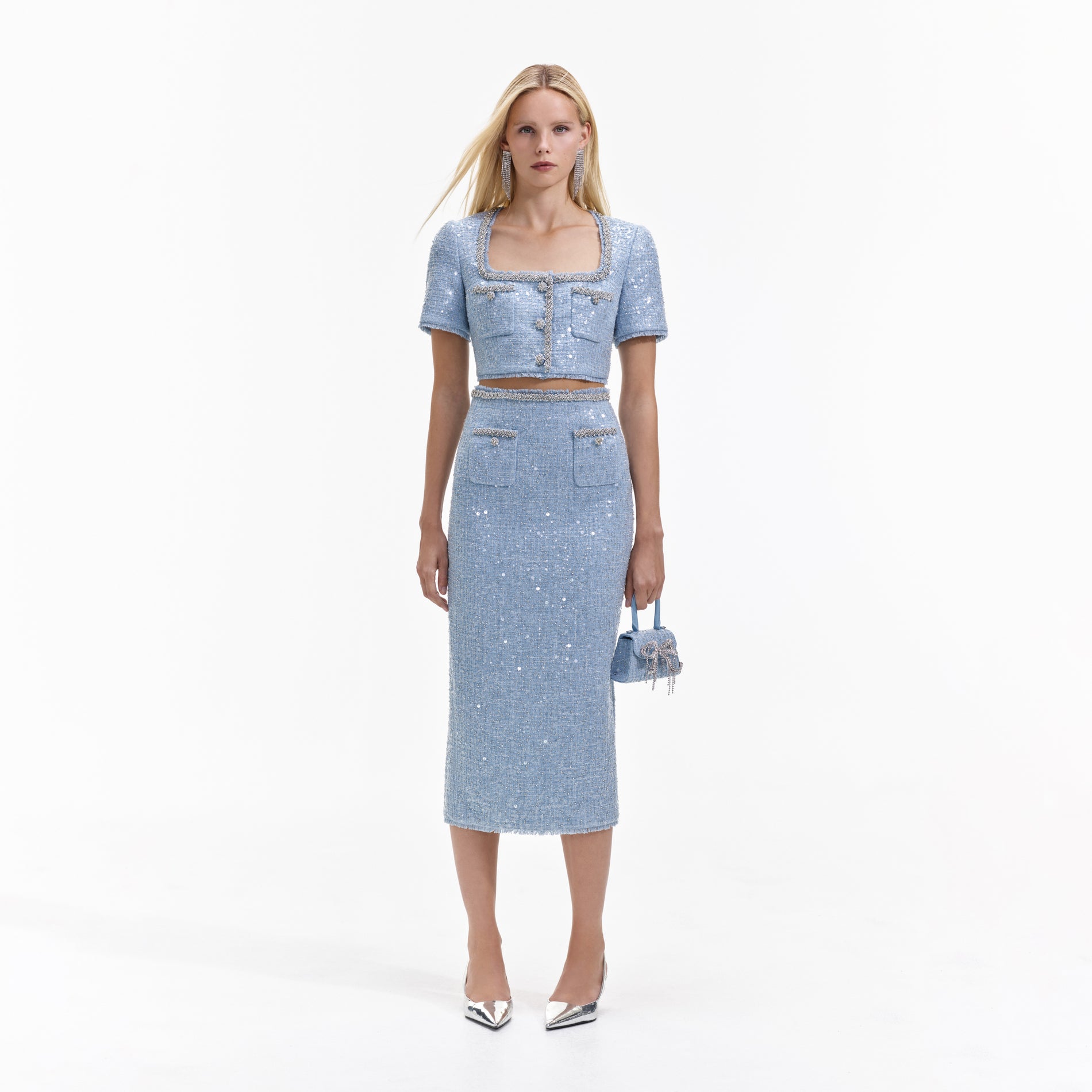 Blue Sequin Boucle Midi Skirt