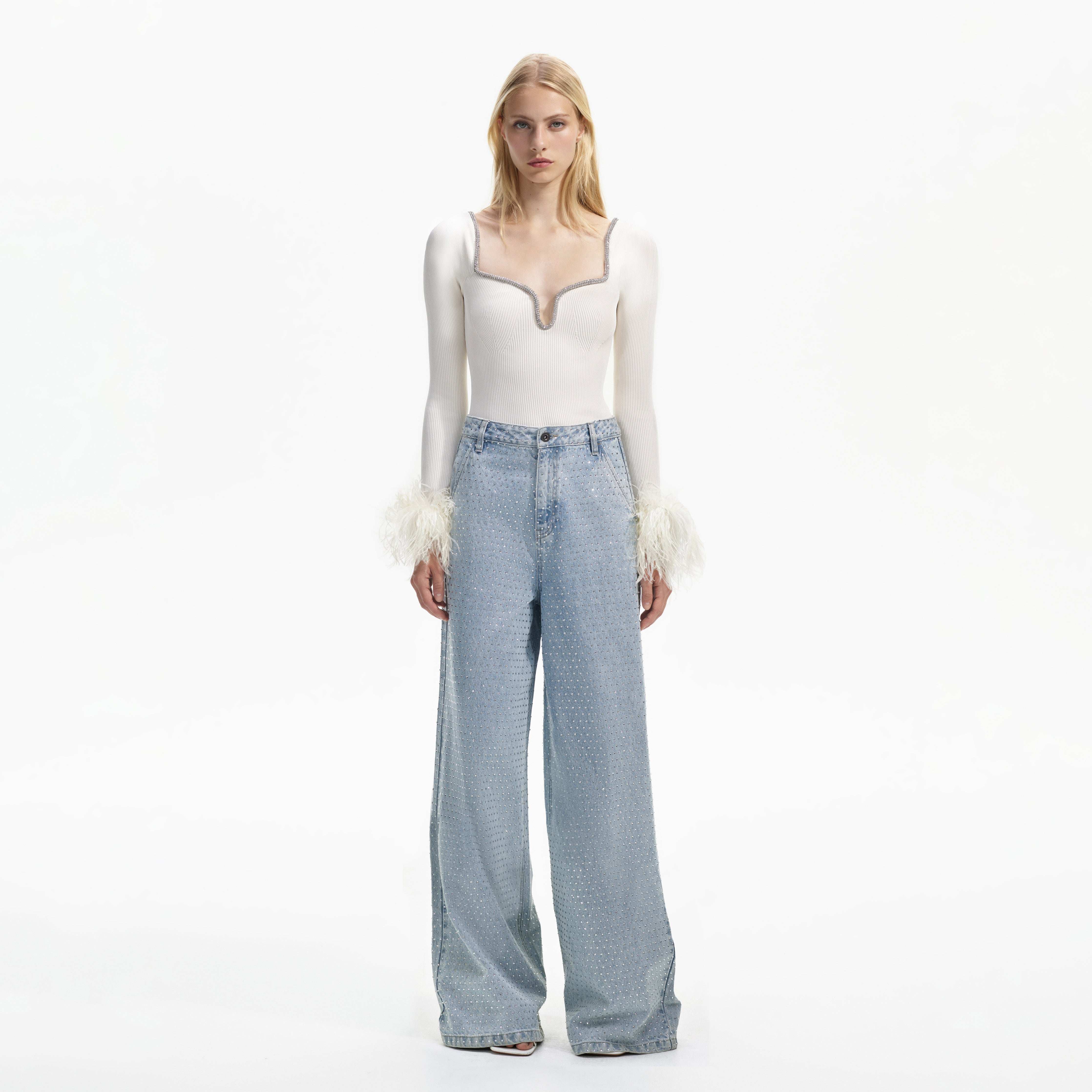 Off White Knit Feather Top – self-portrait