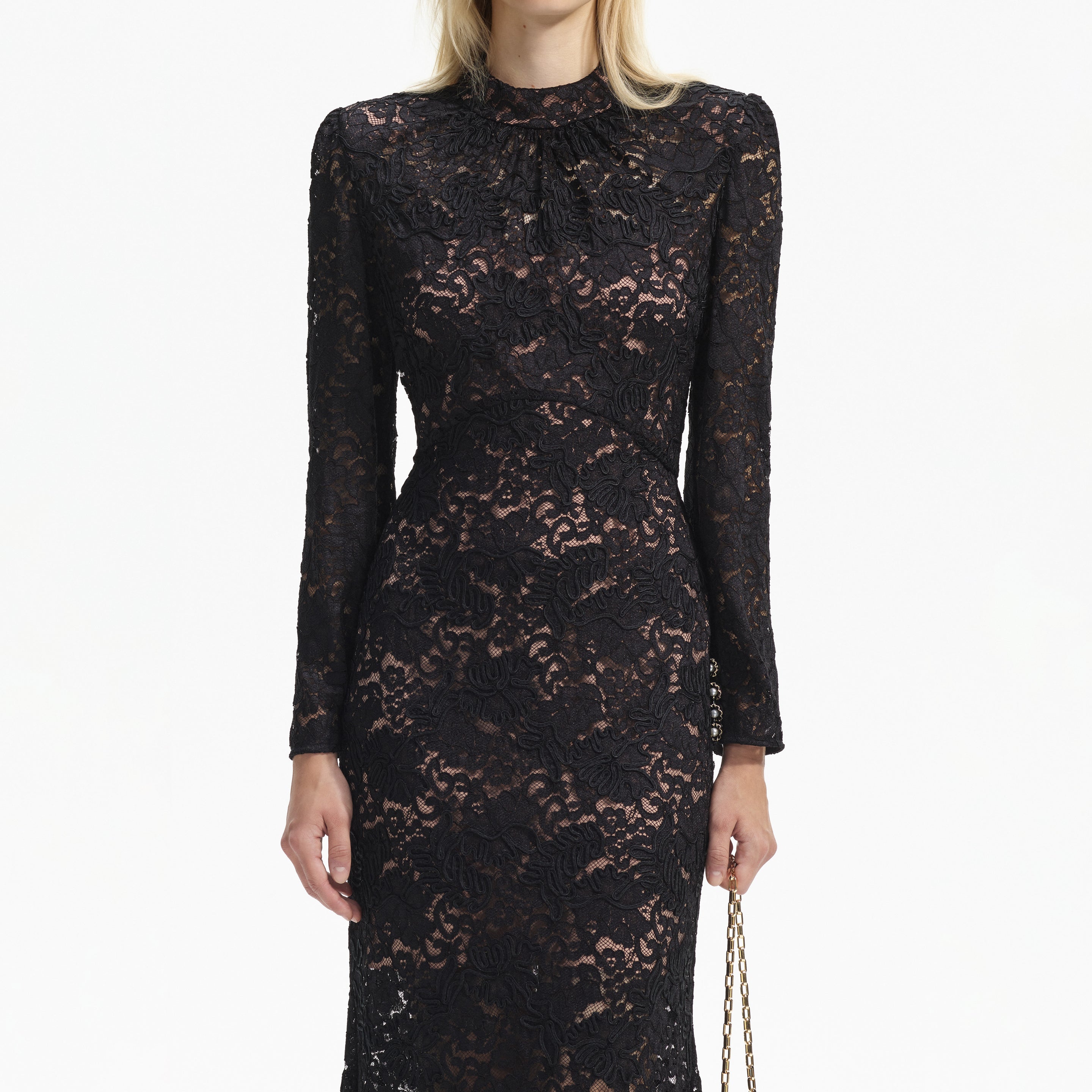 Black Cord Lace Insert Midi Dress – self-portrait-US