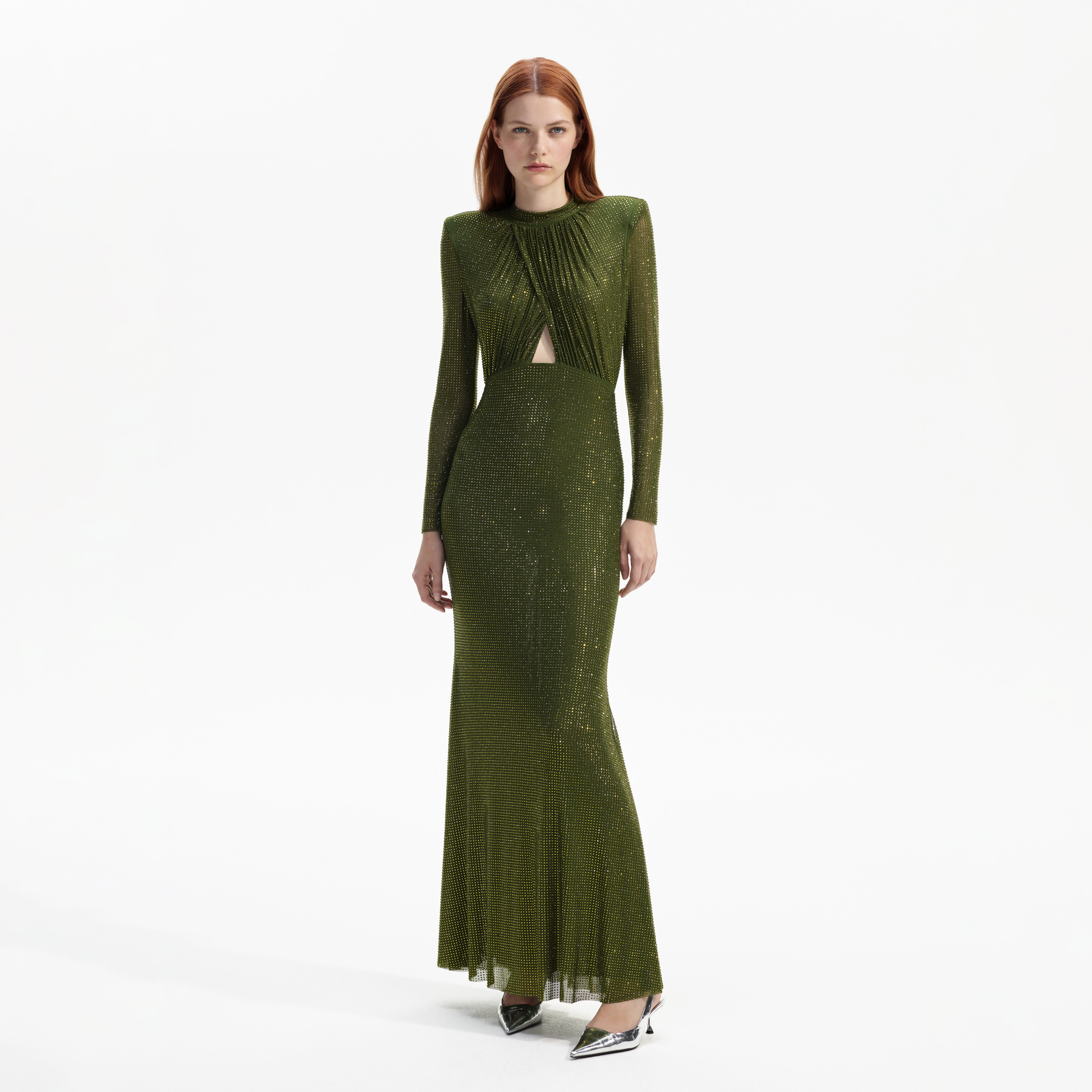 Olive Green Rhinestone Maxi Dress self portrait