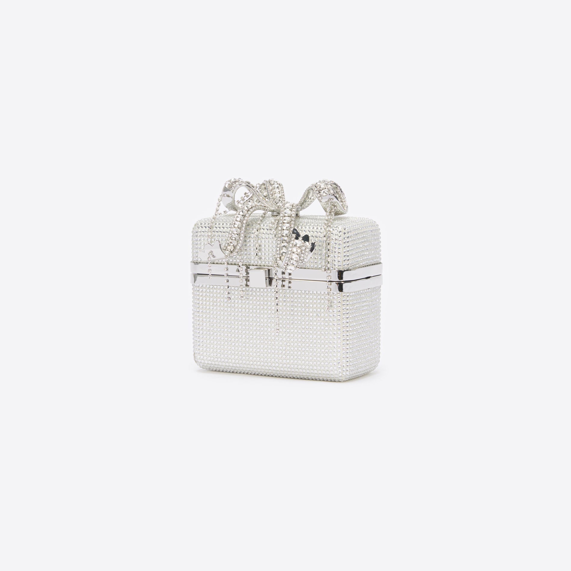 Side view of a woman wearing the Silver Rhinestone Vanity Bag