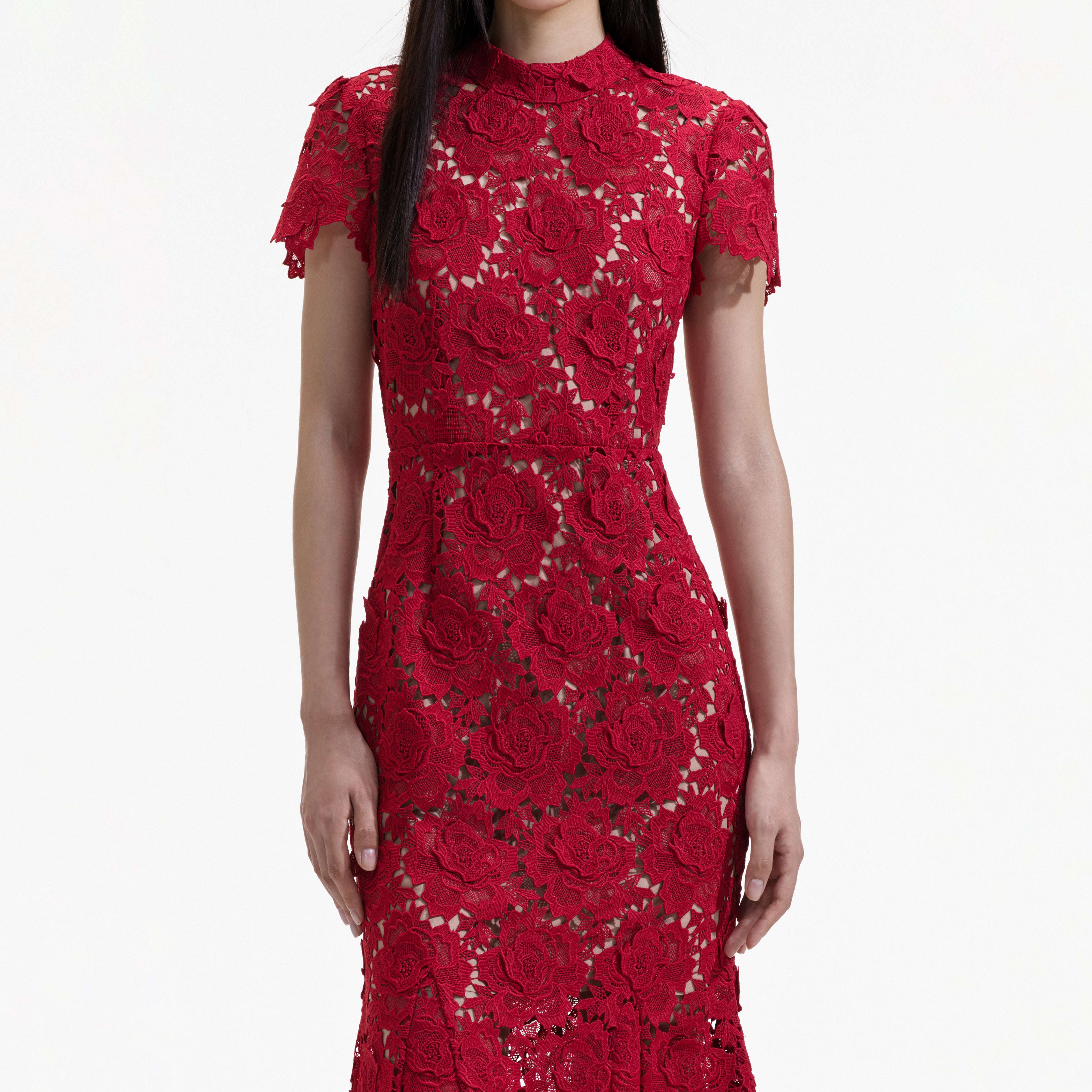 Red Flower Lace Midi Dress