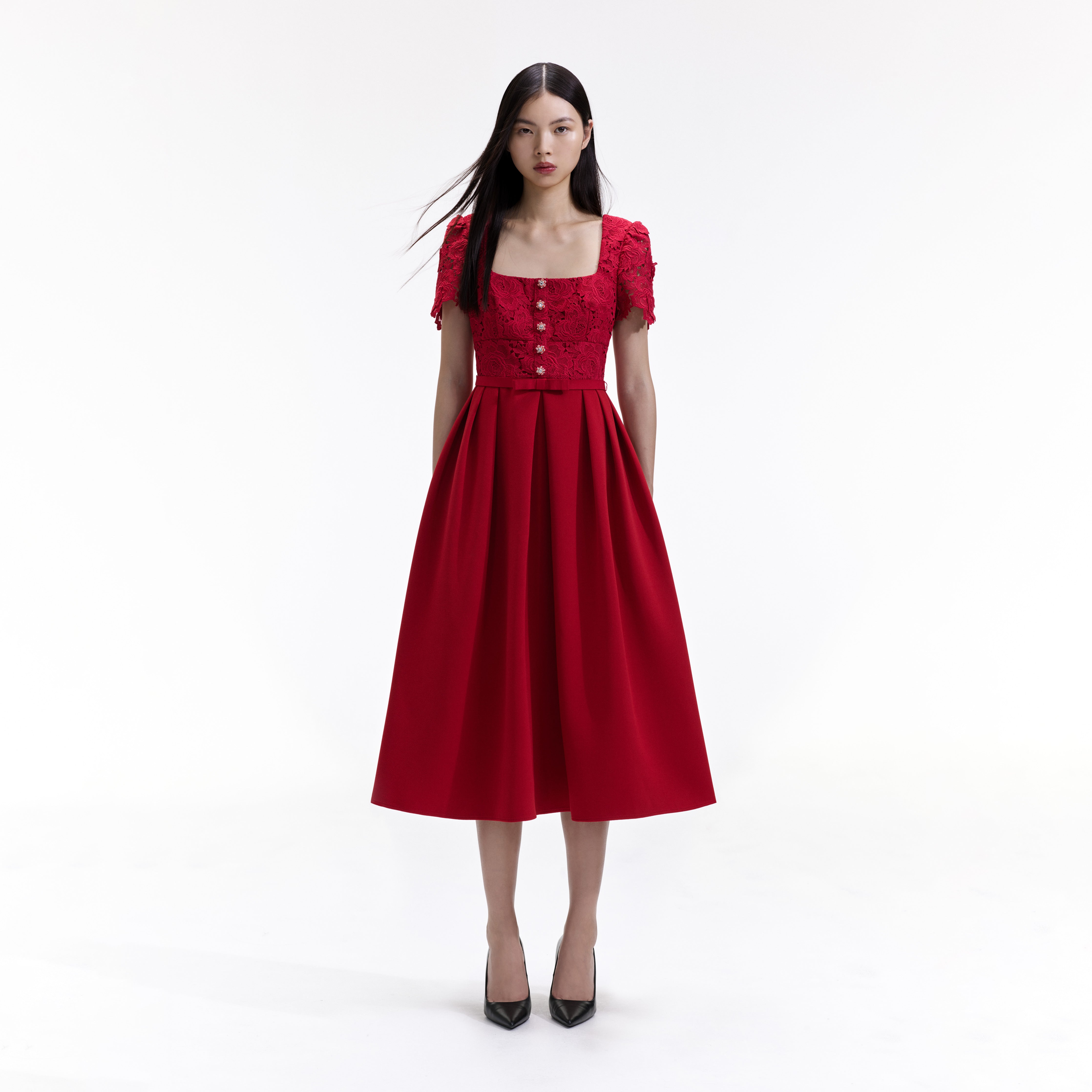 Self portrait red 2024 lace midi dress