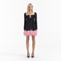 Black Sequin Feather Hem Mini Dress