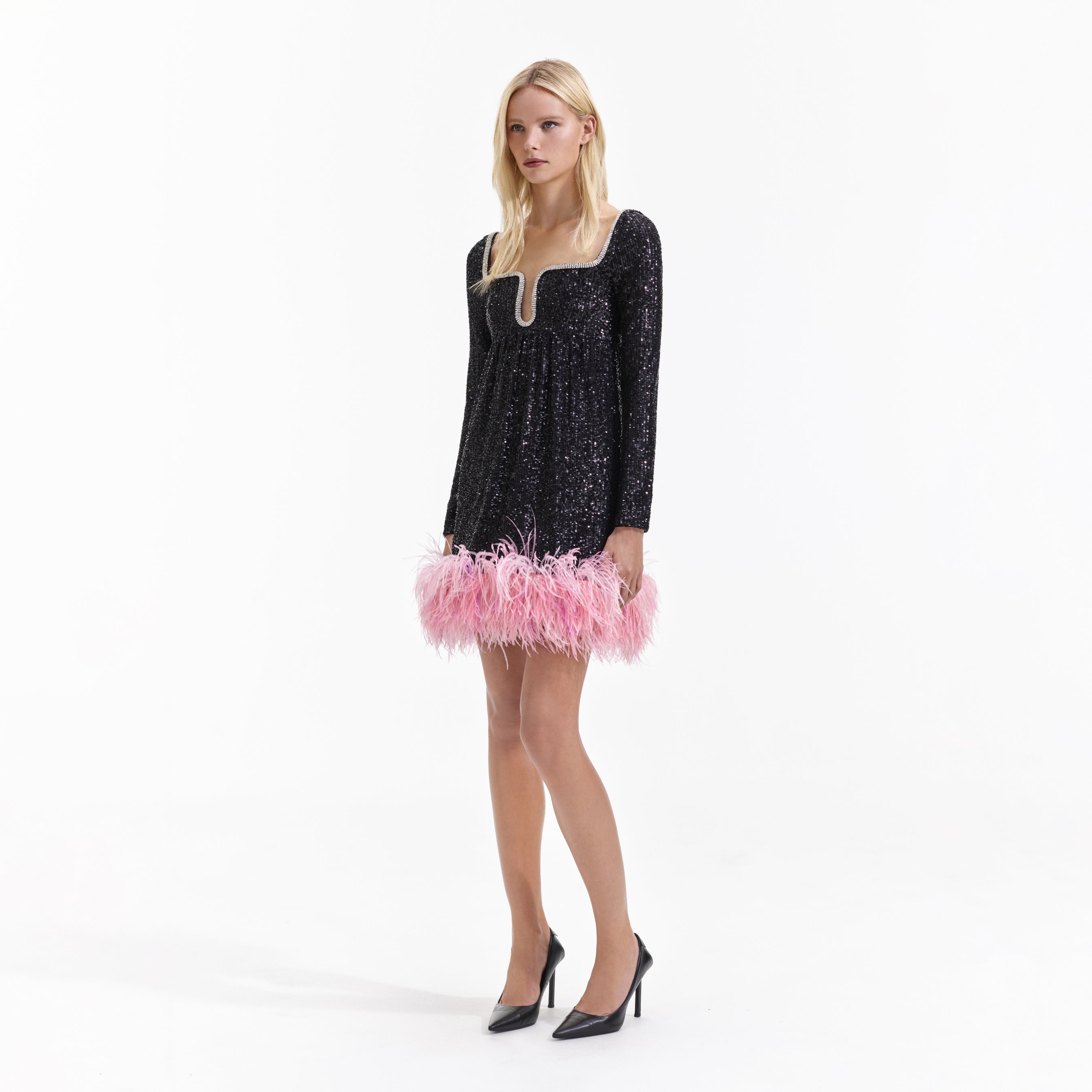 Black Sequin Feather Hem Mini Dress