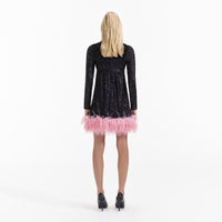 Black Sequin Feather Hem Mini Dress
