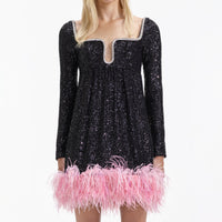 Black Sequin Feather Hem Mini Dress