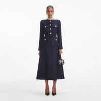 Navy Metallic Boucle Midi Dress