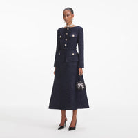 Navy Metallic Boucle Midi Dress