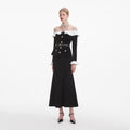 Black Chenille Knit Off Shoulder Midi Dress