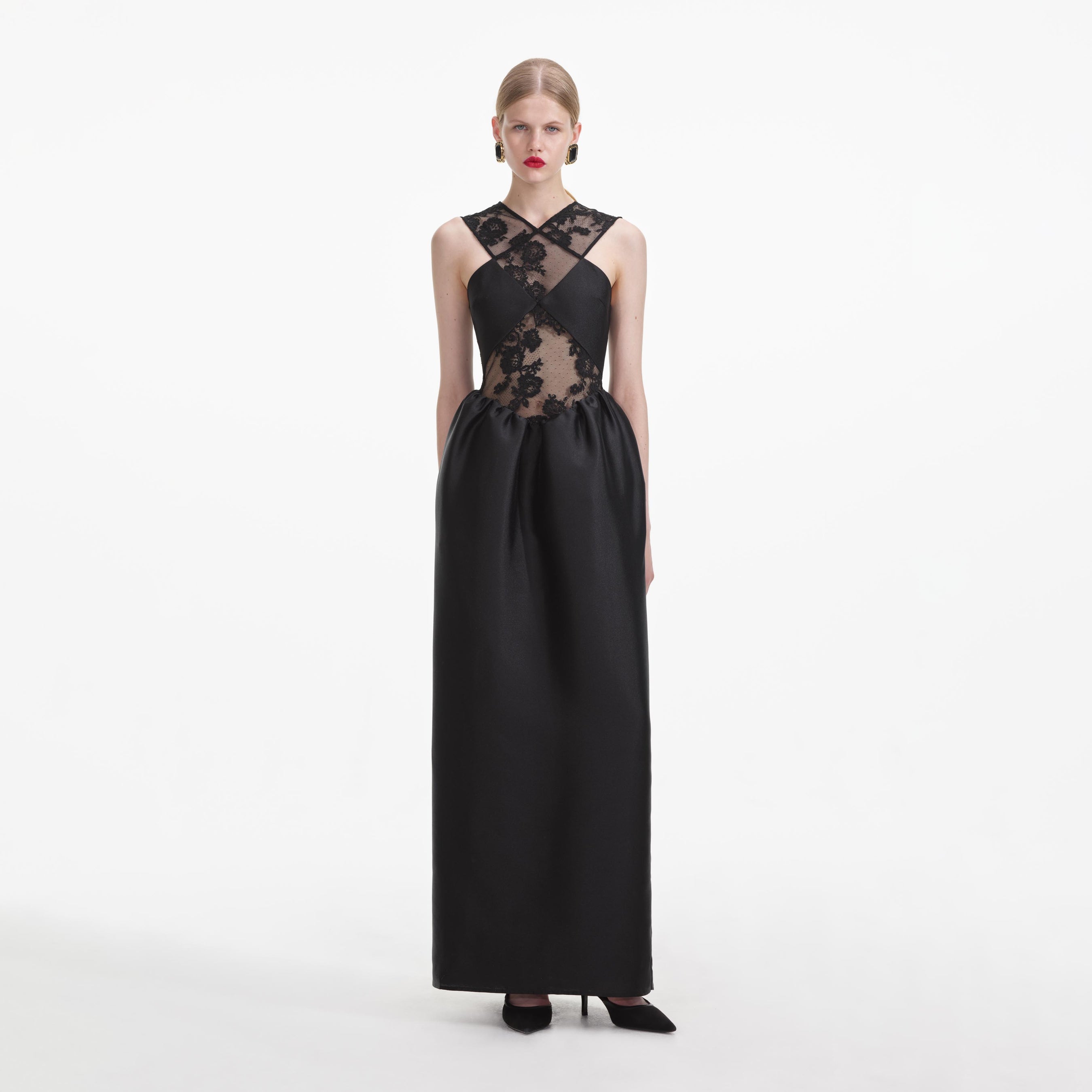 Black Lace Taffeta Maxi Dress