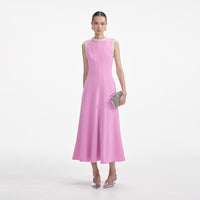 Pink Crepe Pearl Trim Midi Dress