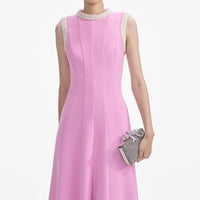 Pink Crepe Pearl Trim Midi Dress