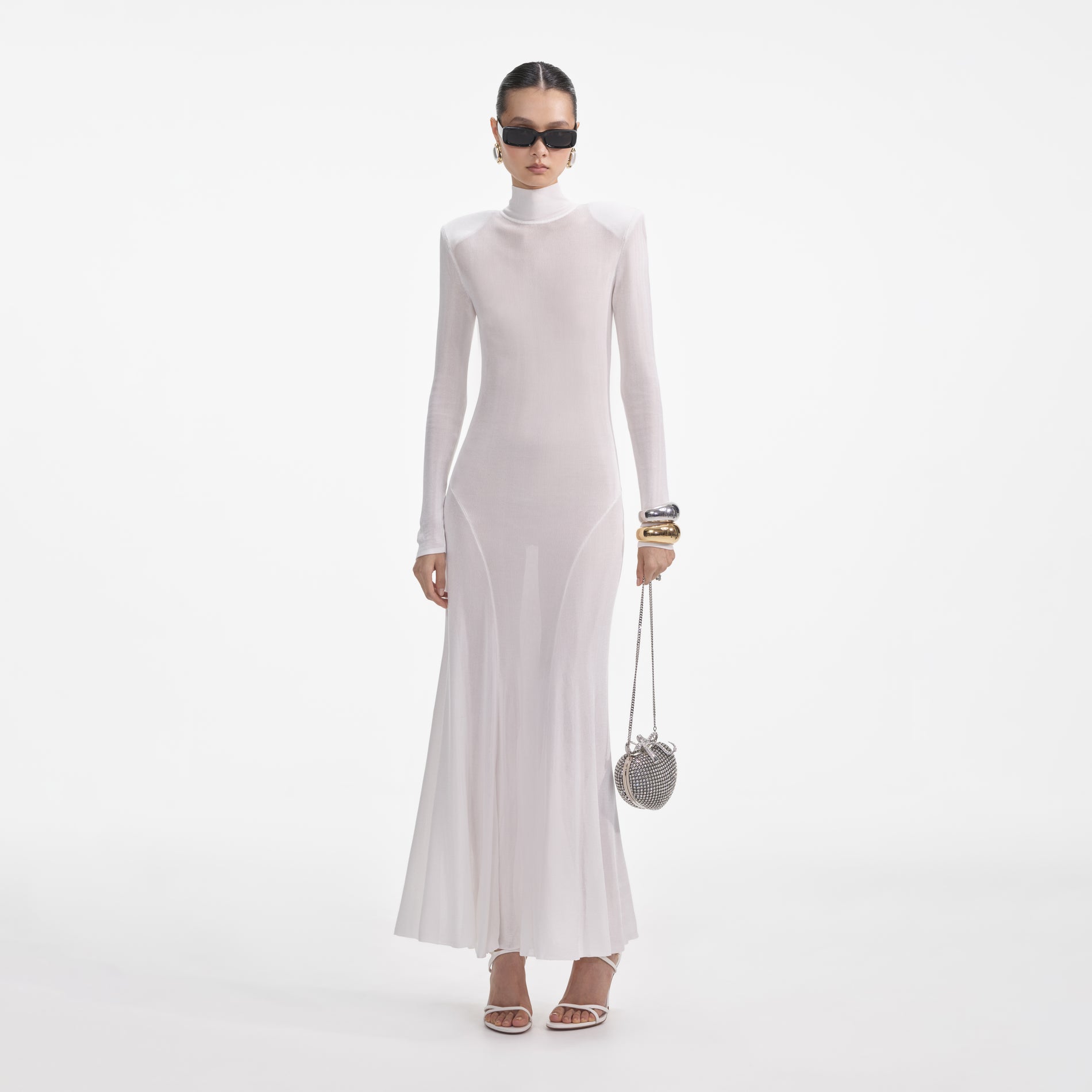 Front view of a woman wearing the White Viscose Knit Maxi Dress