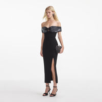 Black Crepe Bow Midi Dress