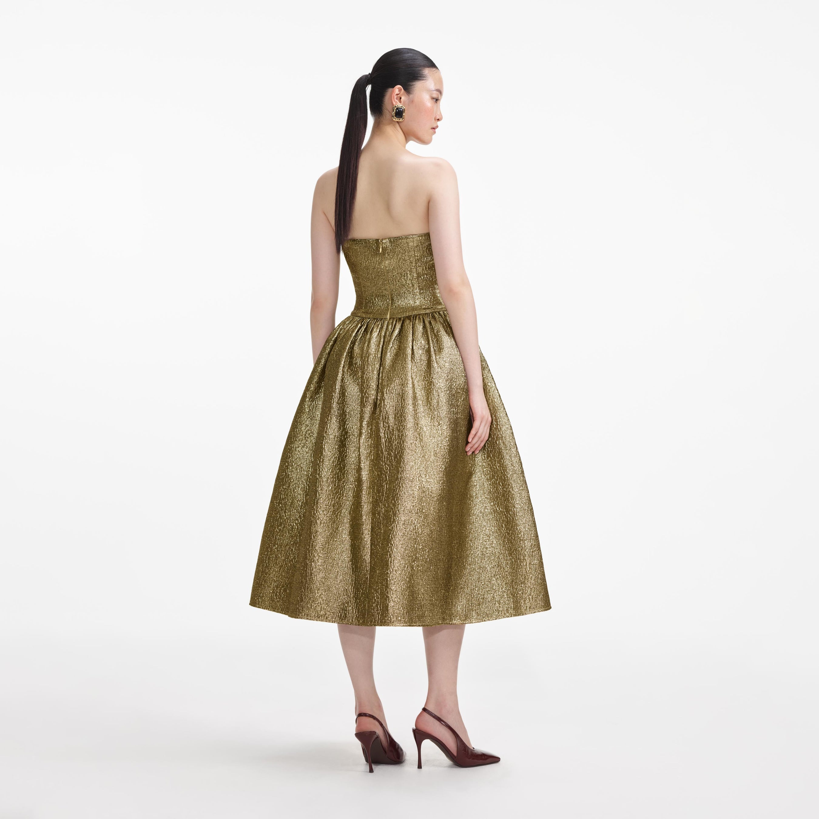 Gold Metallic Jacquard Midi Dress