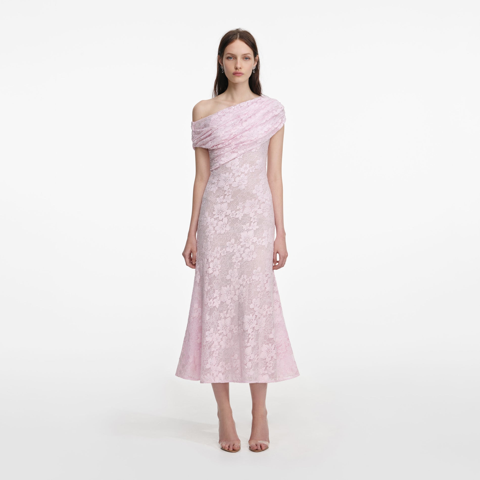 Front view of a woman wearing the Pink Rhinestone Lace Midi Dress