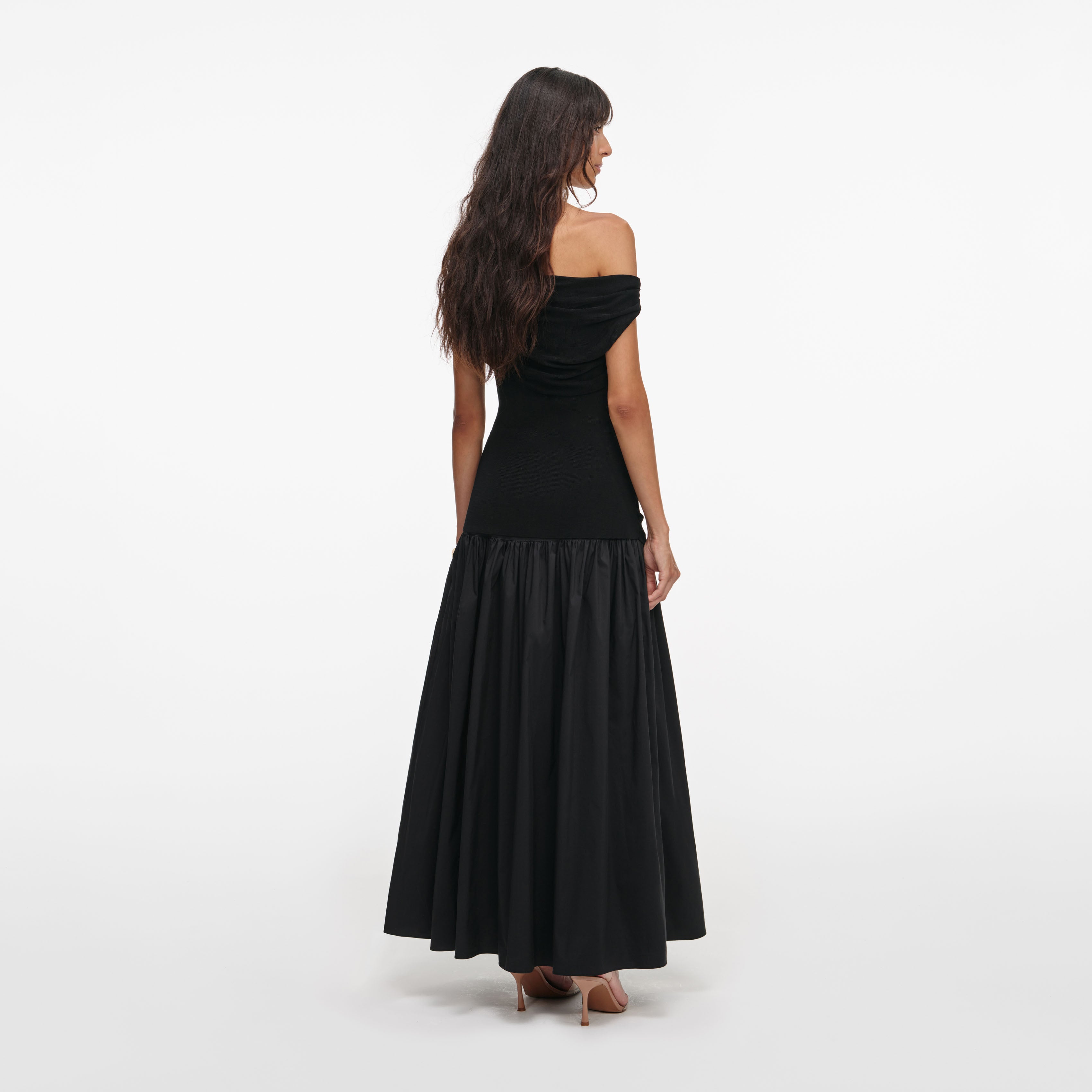 Black Cotton Draped Knit Midi Dress