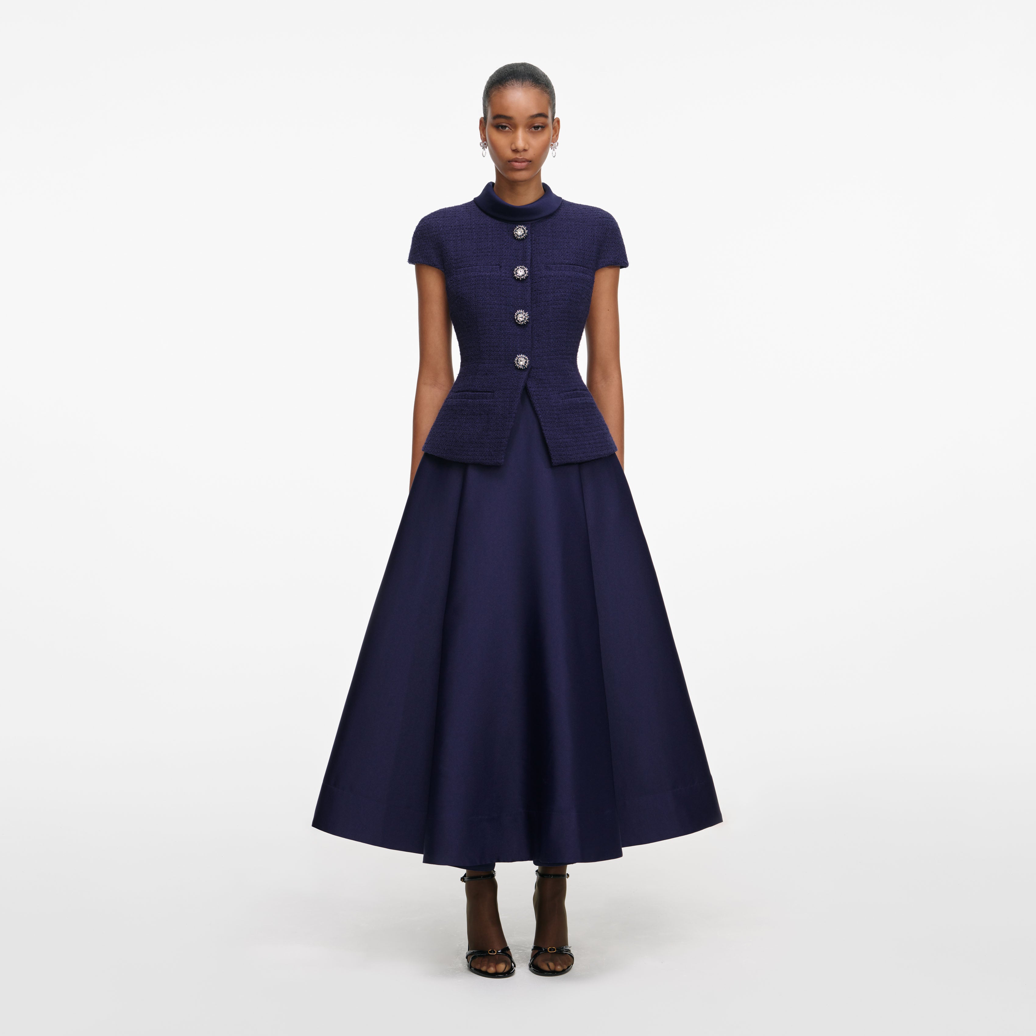 Navy Boucle Taffeta Midi Dress