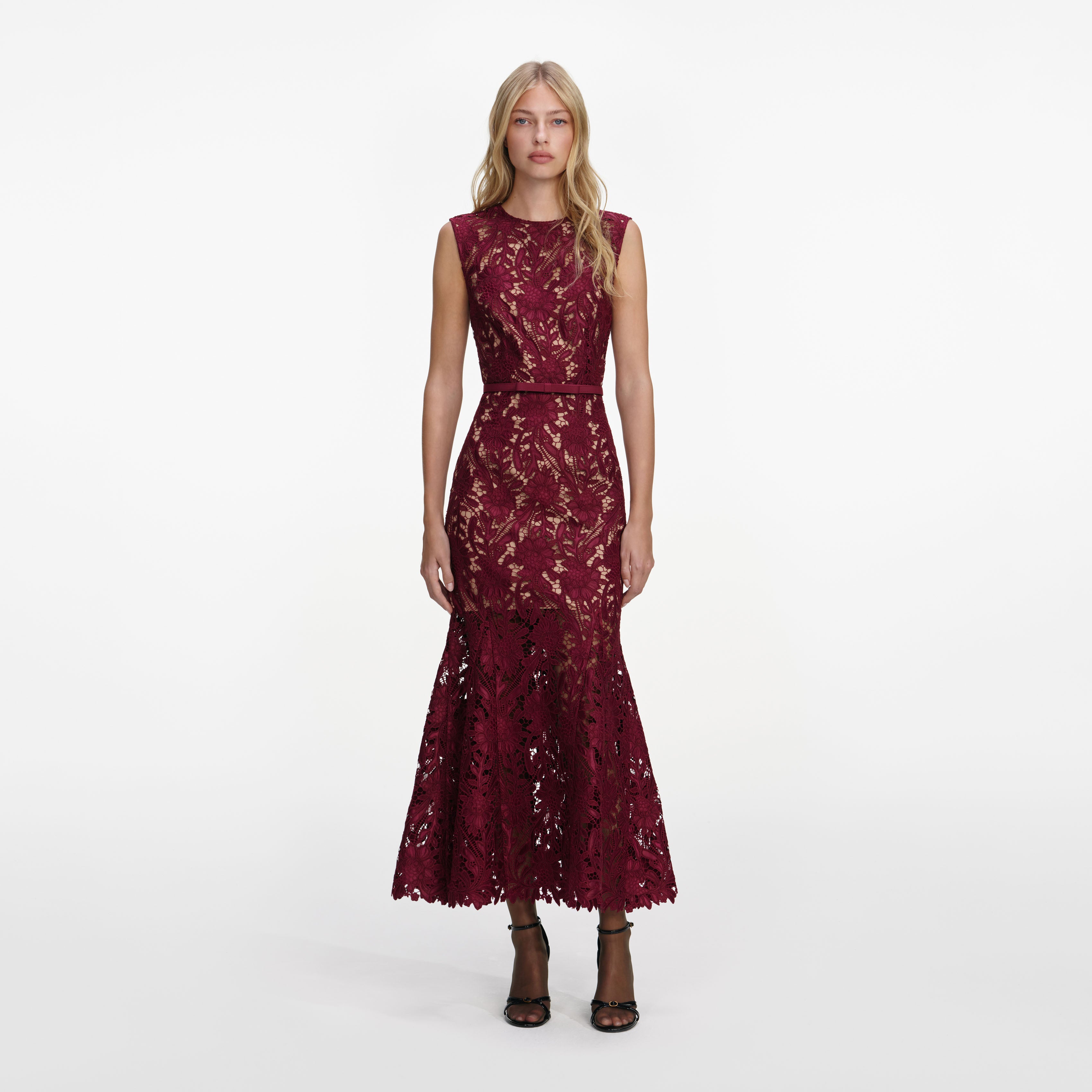 Burgundy Guipure Lace Midi Dress