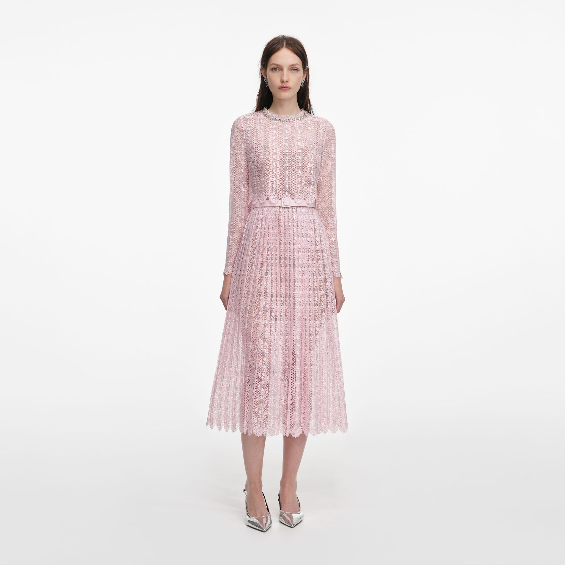 Front view of a woman wearing the Pink Organza Lace Midi Dress