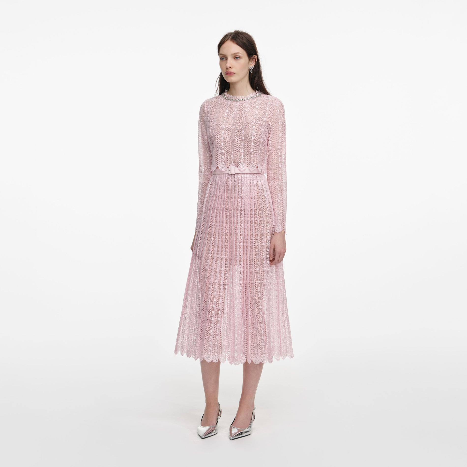 Side view of a woman wearing the Pink Organza Lace Midi Dress