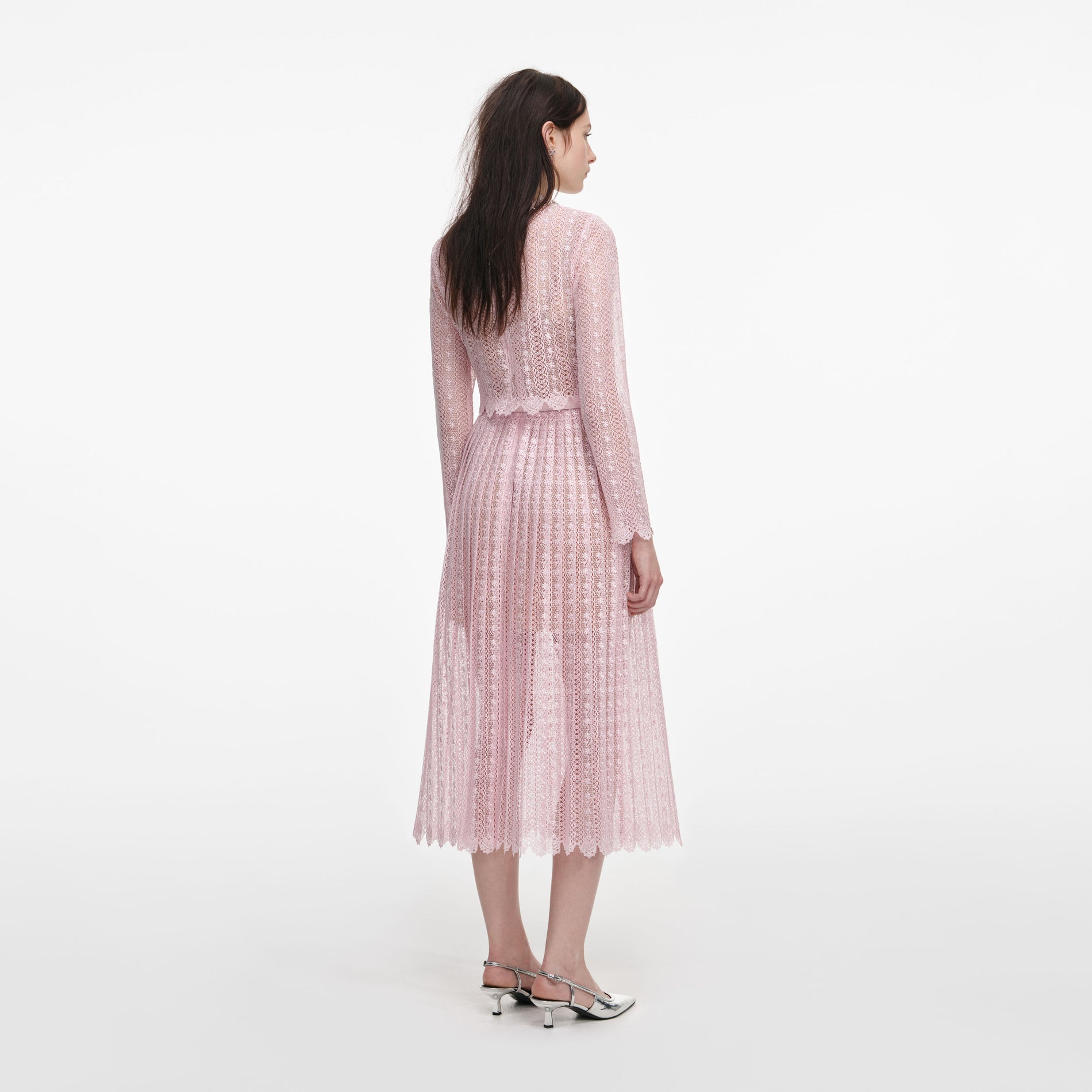 Back view of a woman wearing the Pink Organza Lace Midi Dress