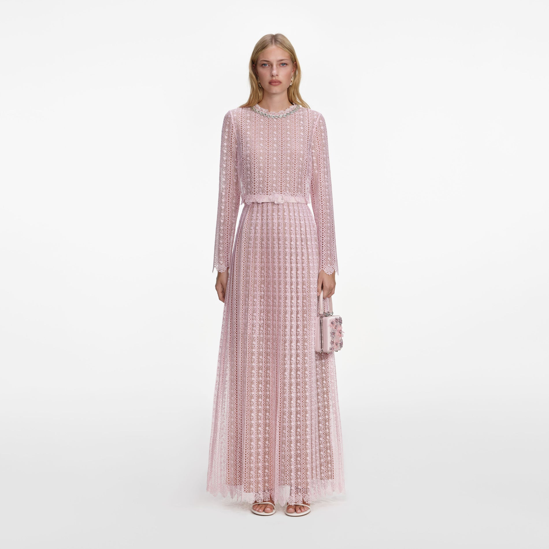 Front view of a woman wearing the Pink Organza Lace Maxi Dress