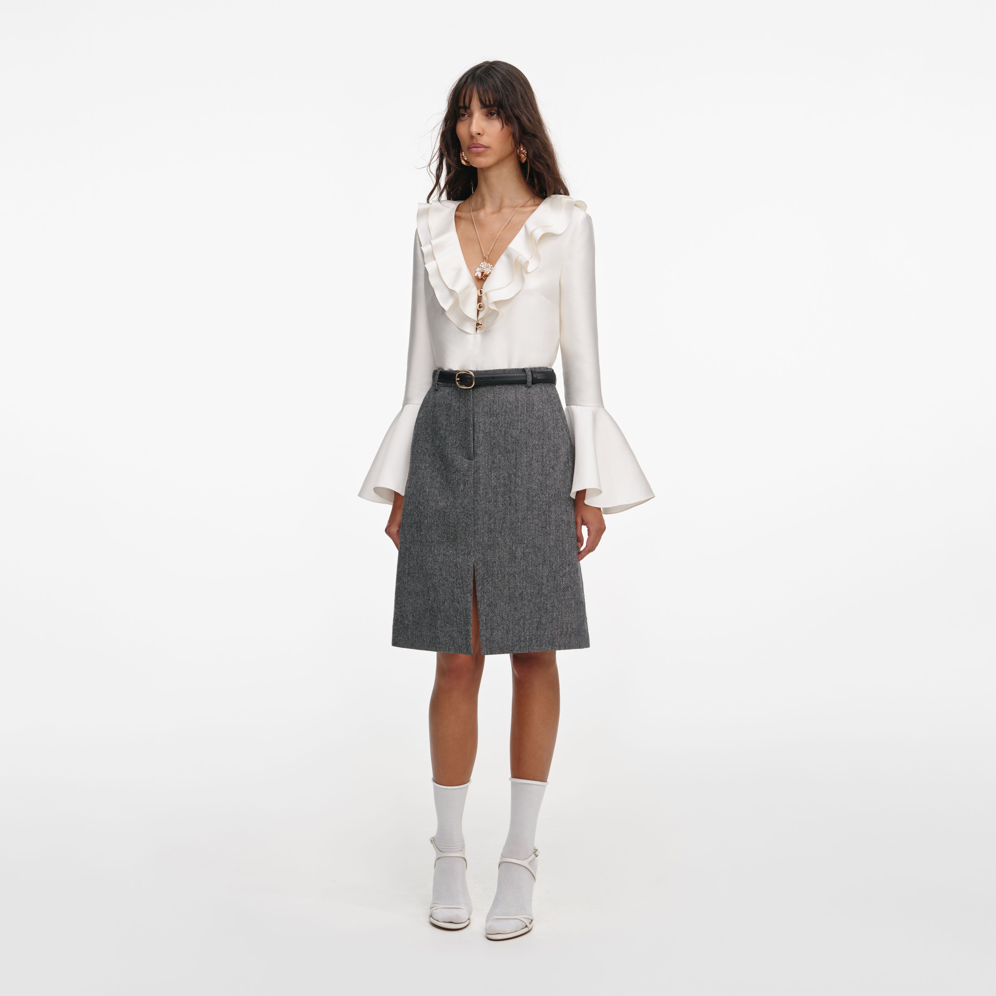 Grey Herringbone Midi Skirt