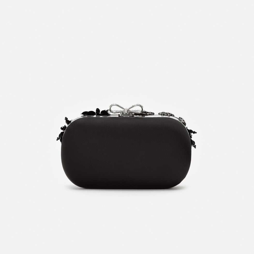 Black Satin Floral Crystal Clutch Bag
