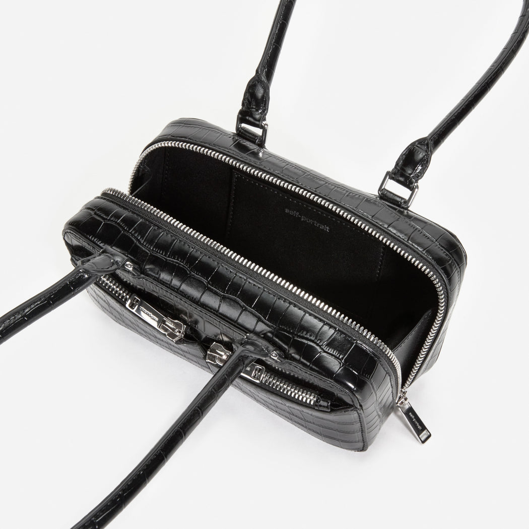 Black Croc Leather Mini Shoulder Bag