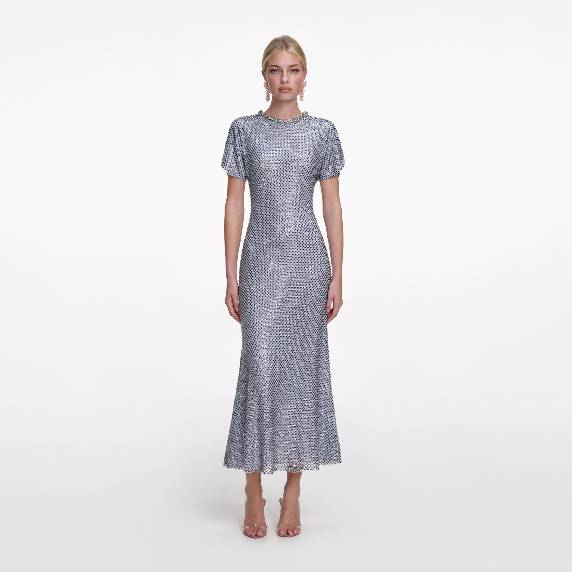 Front view of a woman wearing the Blue Rhinestone Mesh Midi Dress