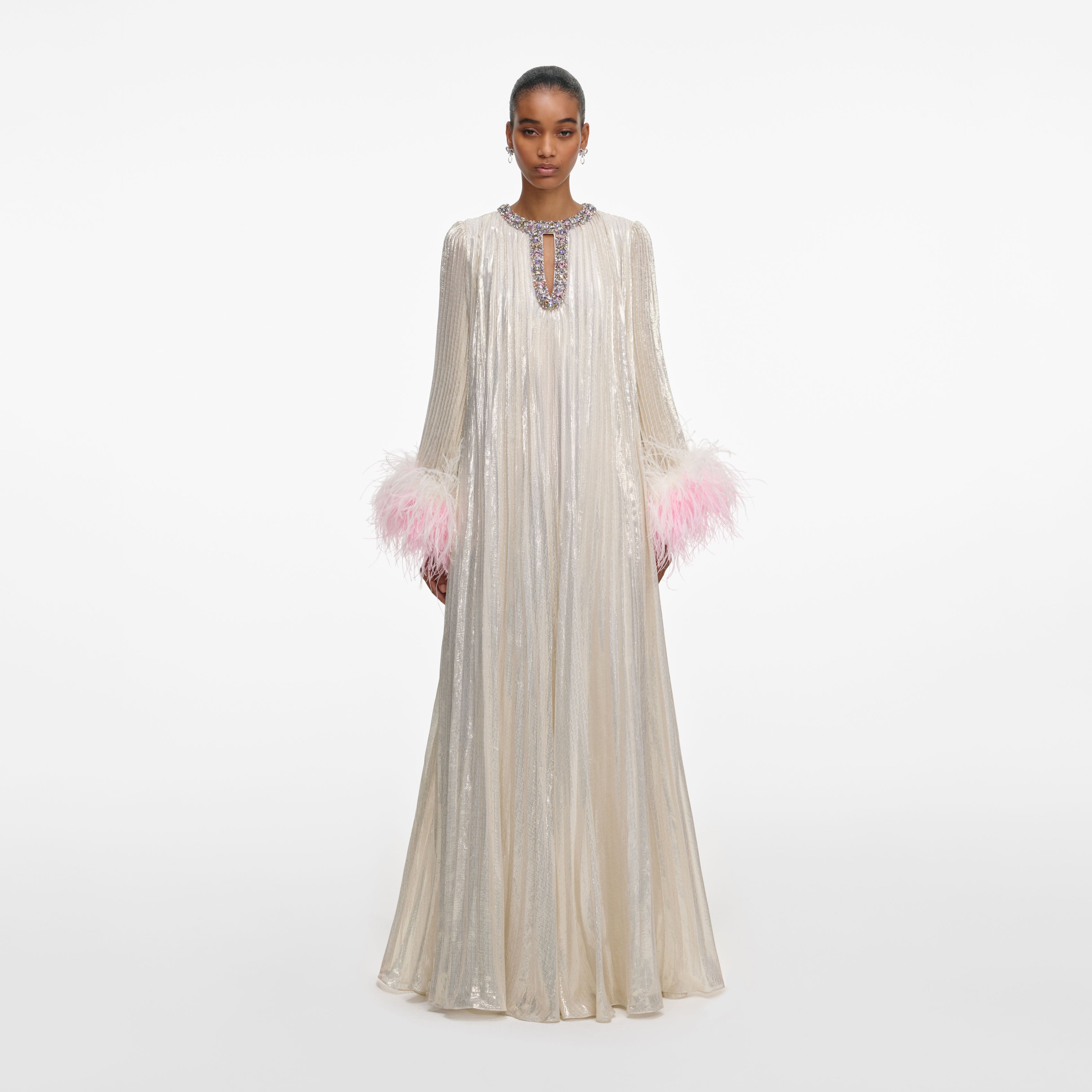 Champagne Metallic Ombre Feather Maxi Dress