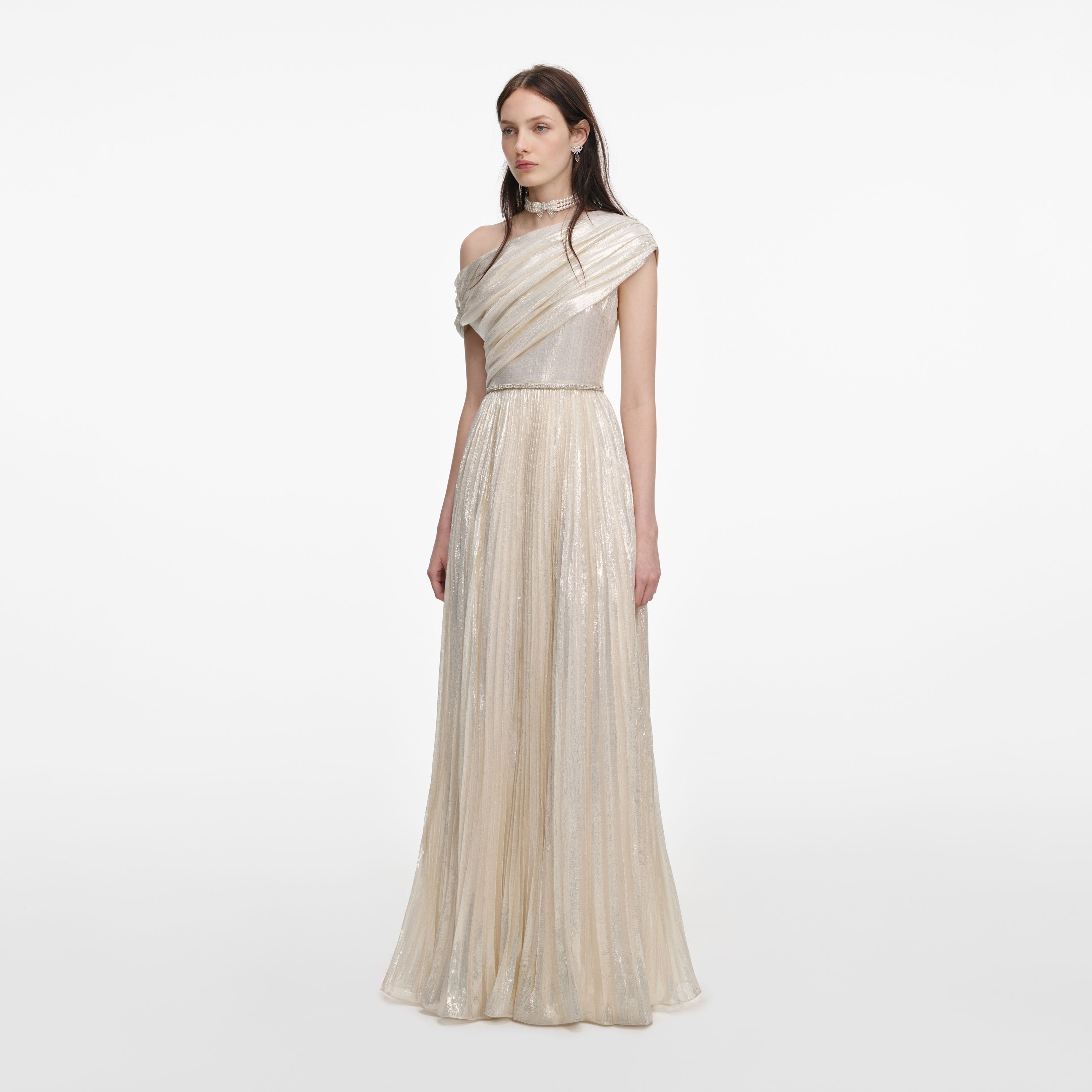 Champagne Metallic Chiffon Maxi Dress