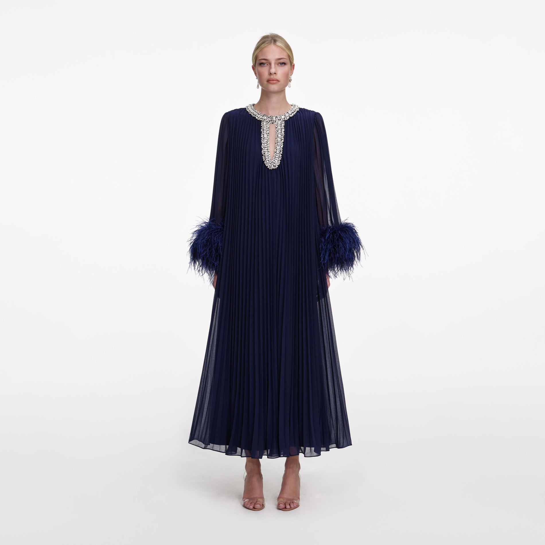 Front view of a woman wearing the Navy Chiffon Feather Midi Dress