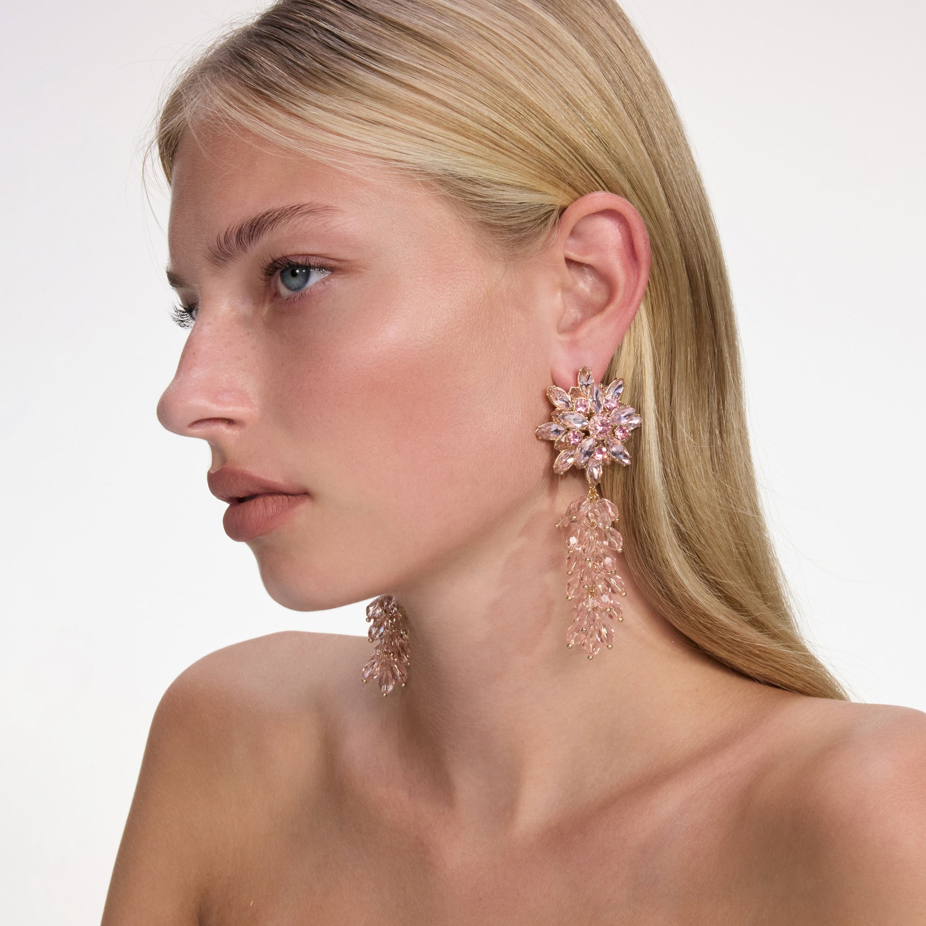 Pink Crystal Cluster Flower Earrings