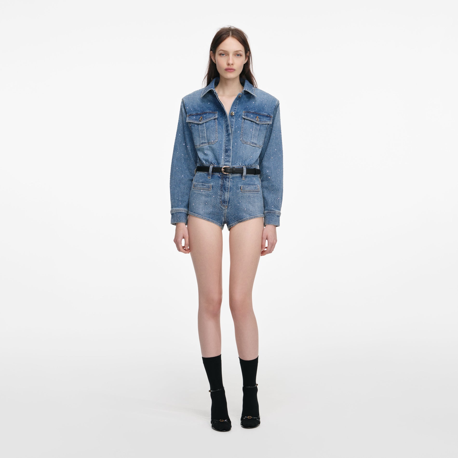 Front view of a woman wearing the Rhinestone Denim Playsuit