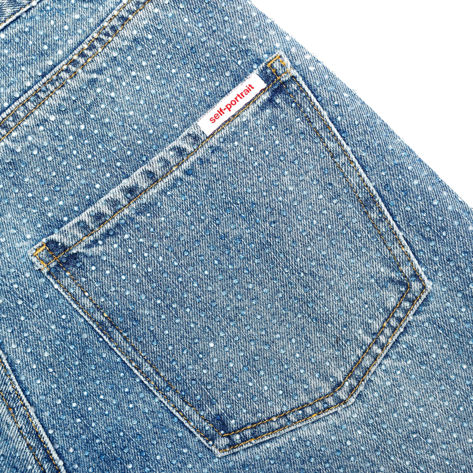 A close up of the fabric for the Rhinestone Denim Straight Leg Jeans